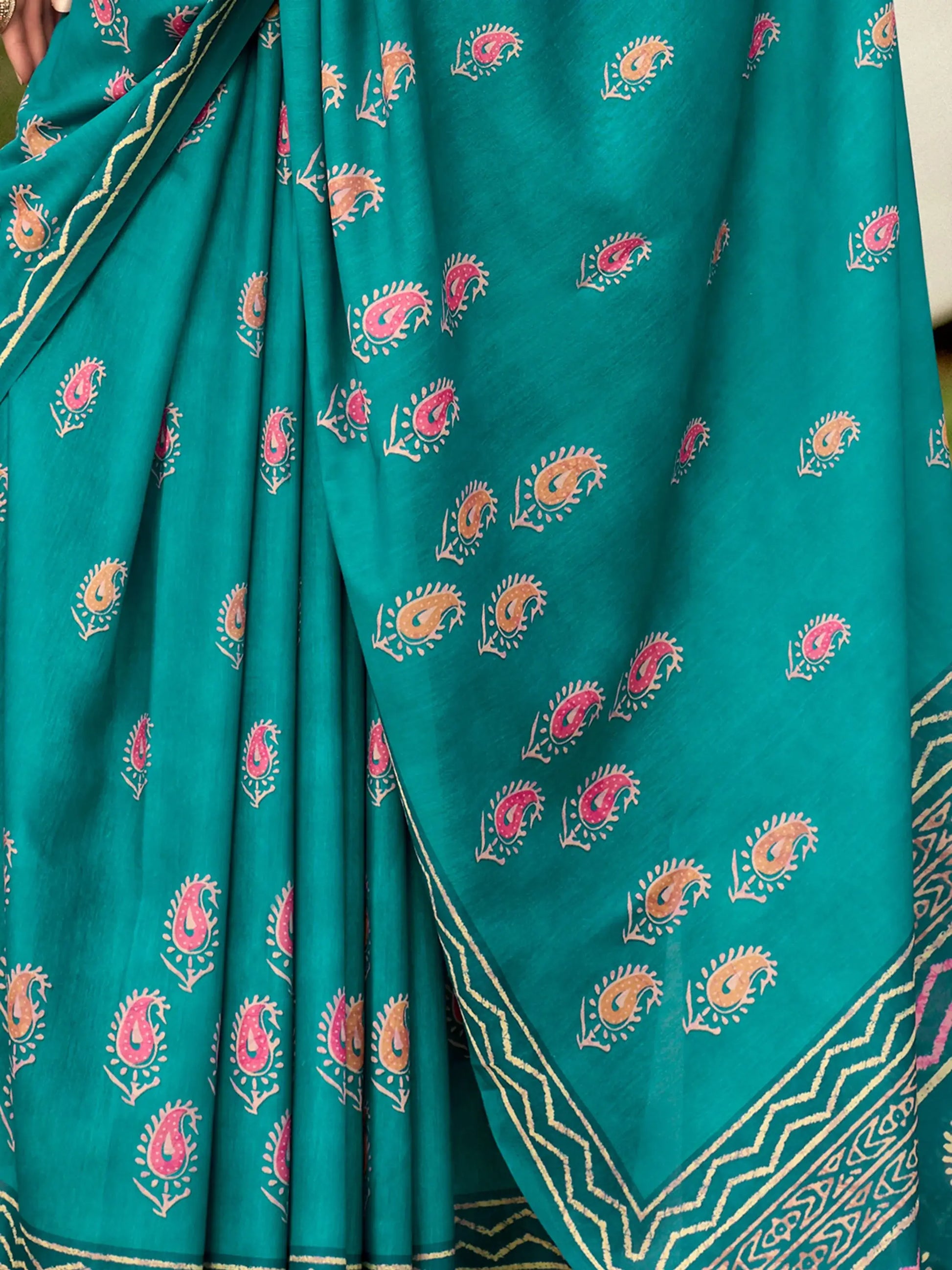 Alluring Teal Green Printed Silk Festival Wear Saree With Blouse - Zeel Clothing