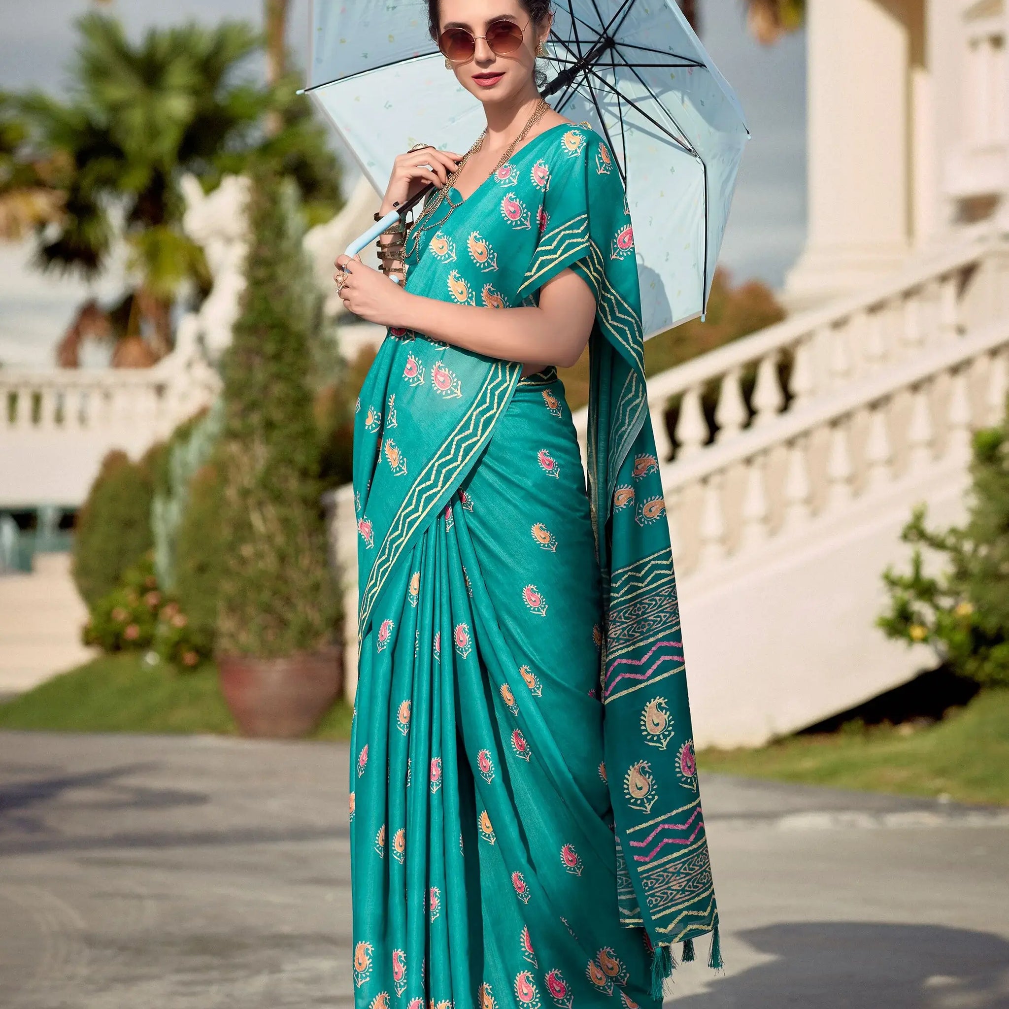 Alluring Teal Green Printed Silk Festival Wear Saree With Blouse - Zeel Clothing
