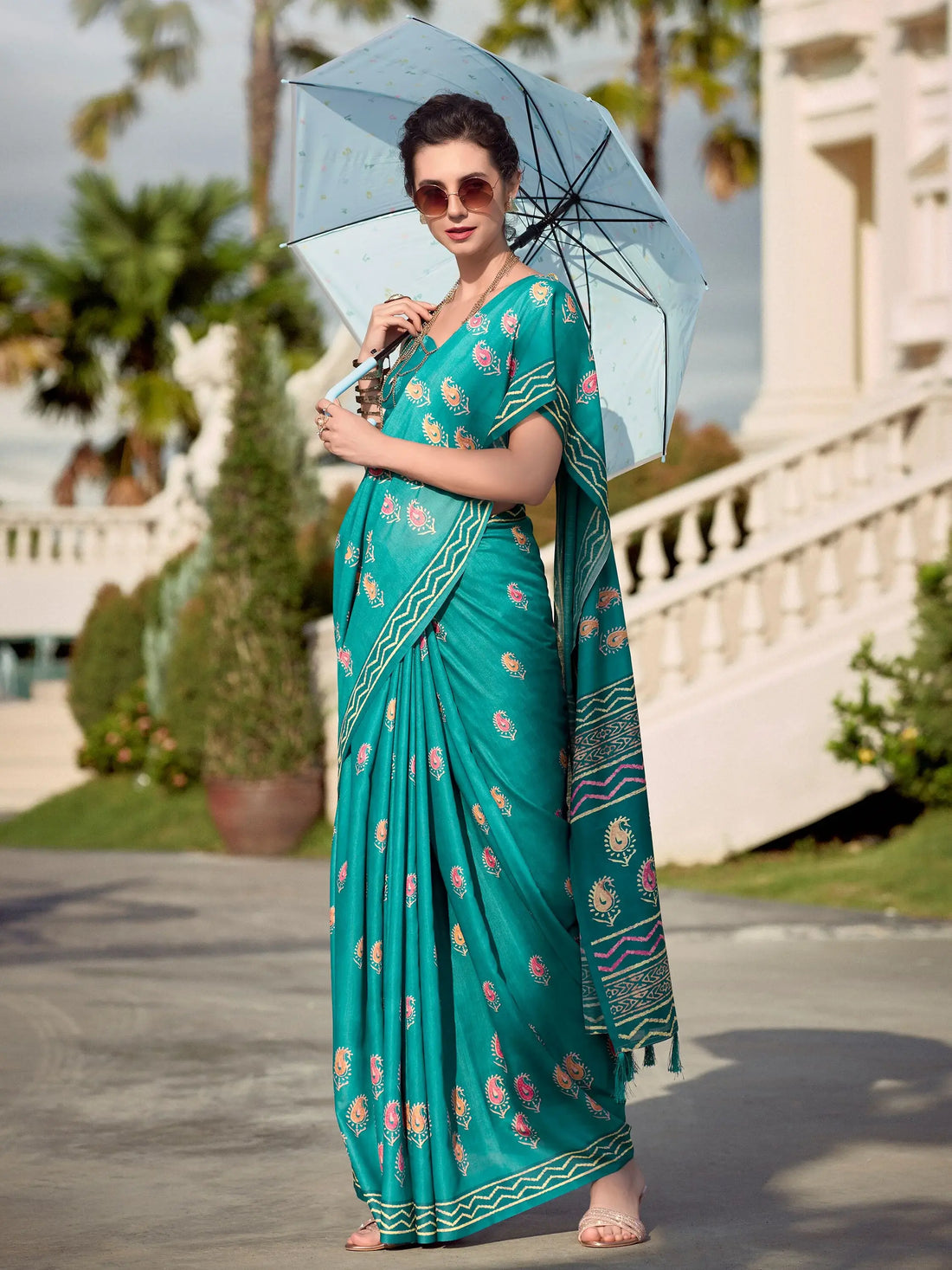 Alluring Teal Green Printed Silk Festival Wear Saree With Blouse - Zeel Clothing