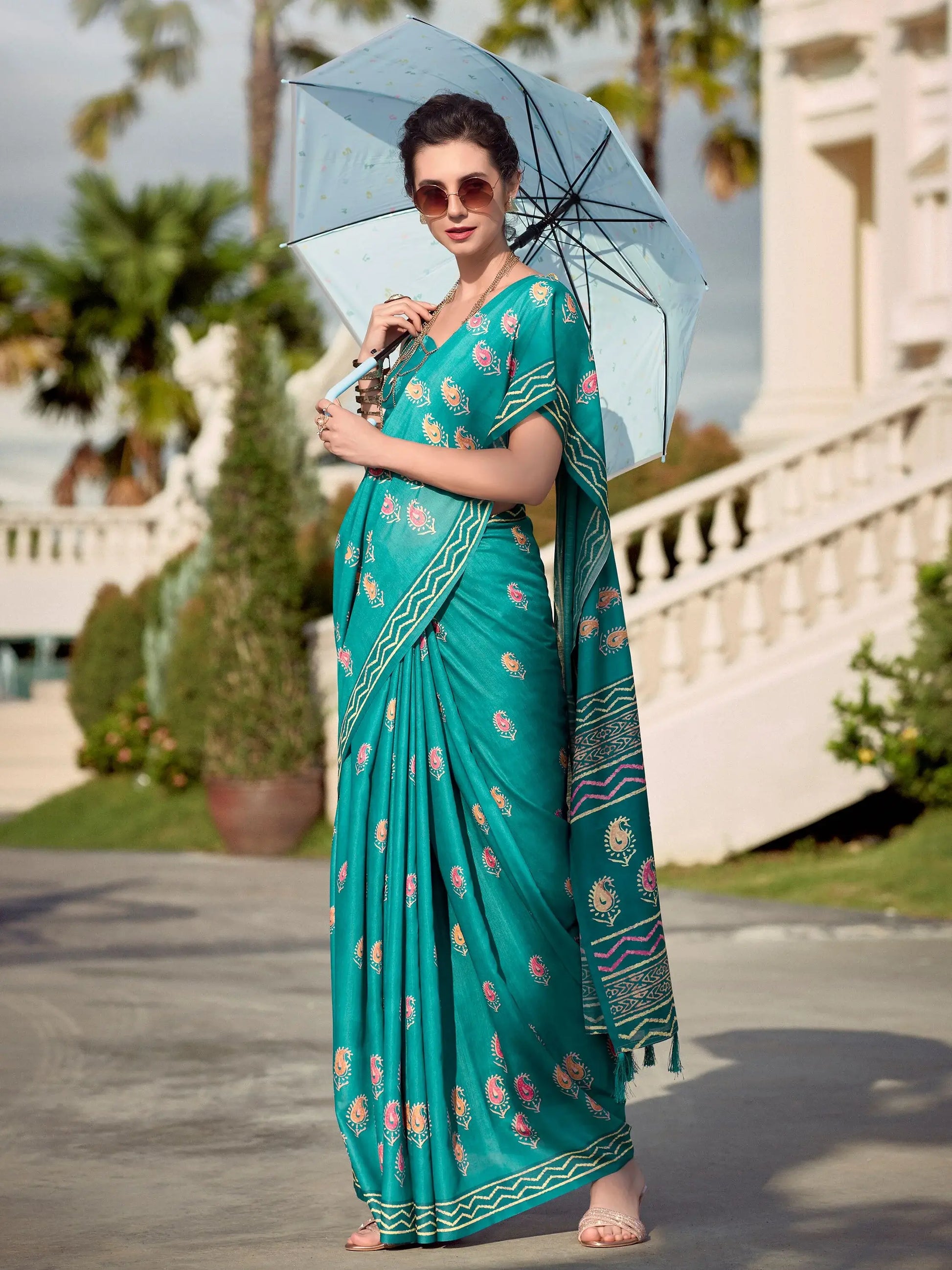 Alluring Teal Green Printed Silk Festival Wear Saree With Blouse - Zeel Clothing
