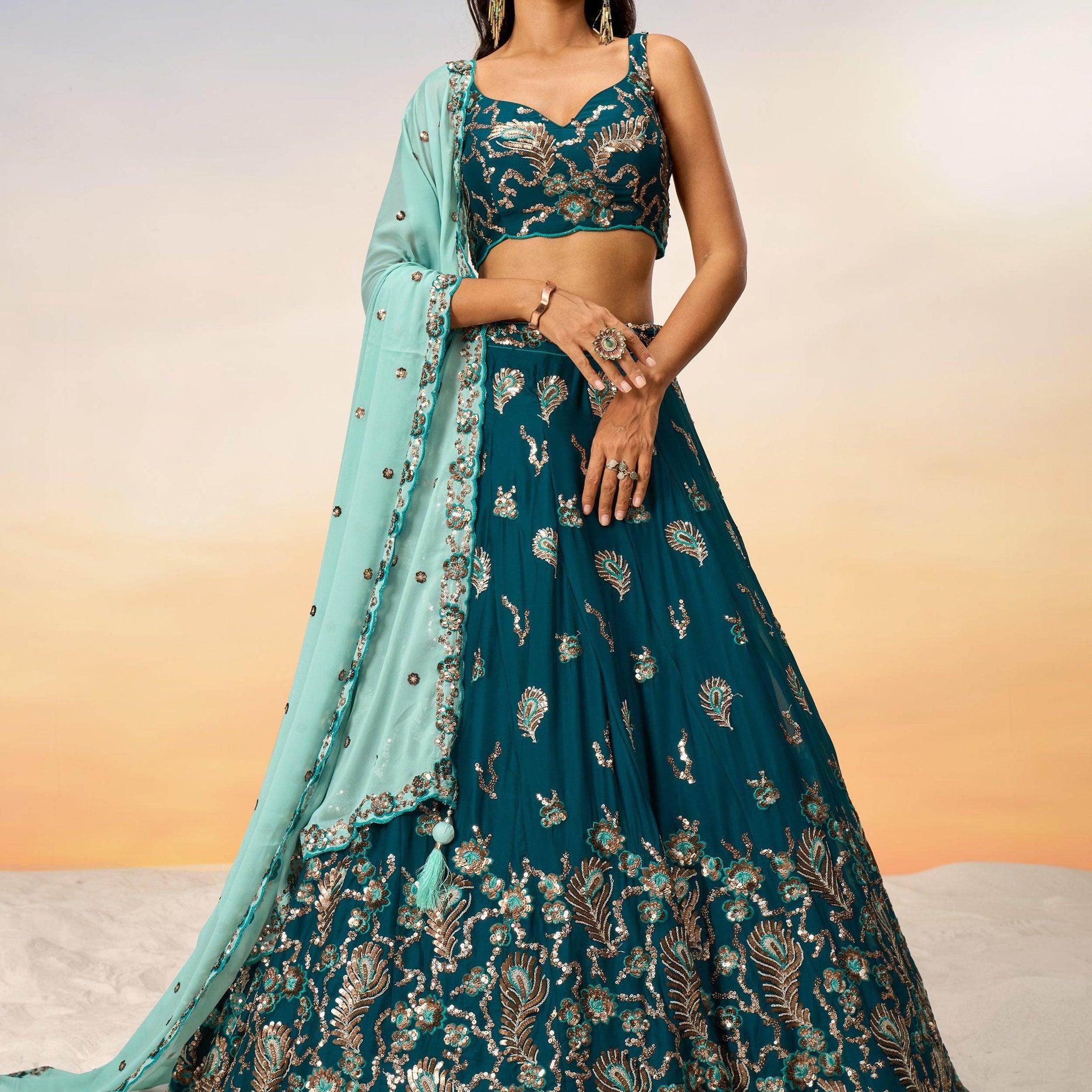 Alluring Teal Green Sequins Georgette Sangeet Wear Lehenga Choli - Zeel Clothing