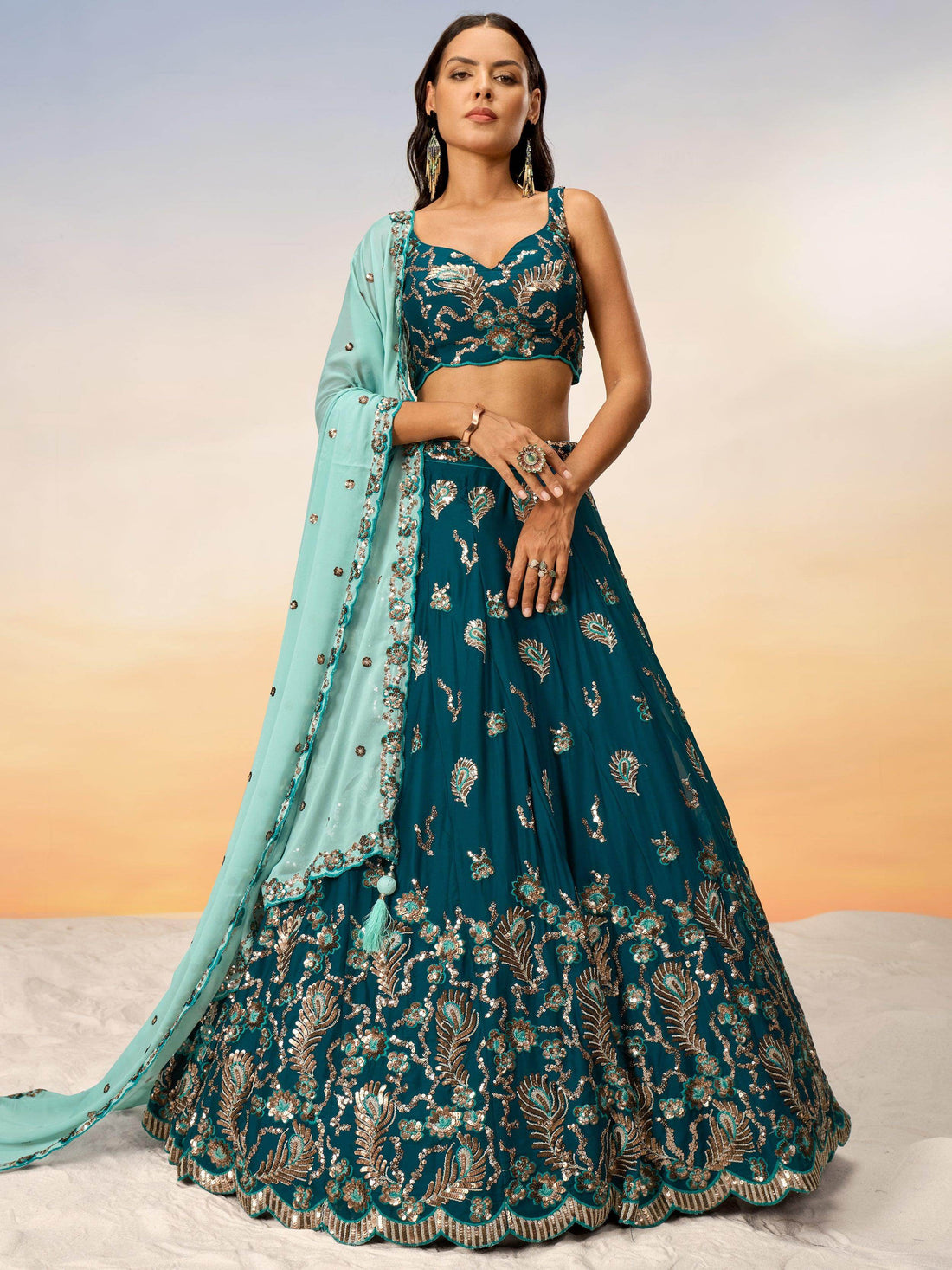 Alluring Teal Green Sequins Georgette Sangeet Wear Lehenga Choli - Zeel Clothing