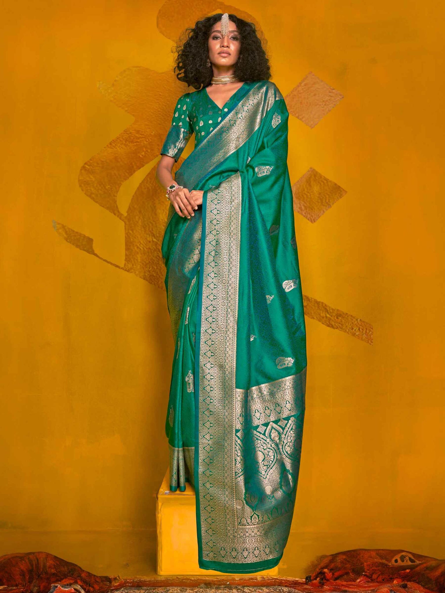 Alluring Teal Green Zari Weaving Silk Festival Wear Saree With Blouse - Zeel Clothing
