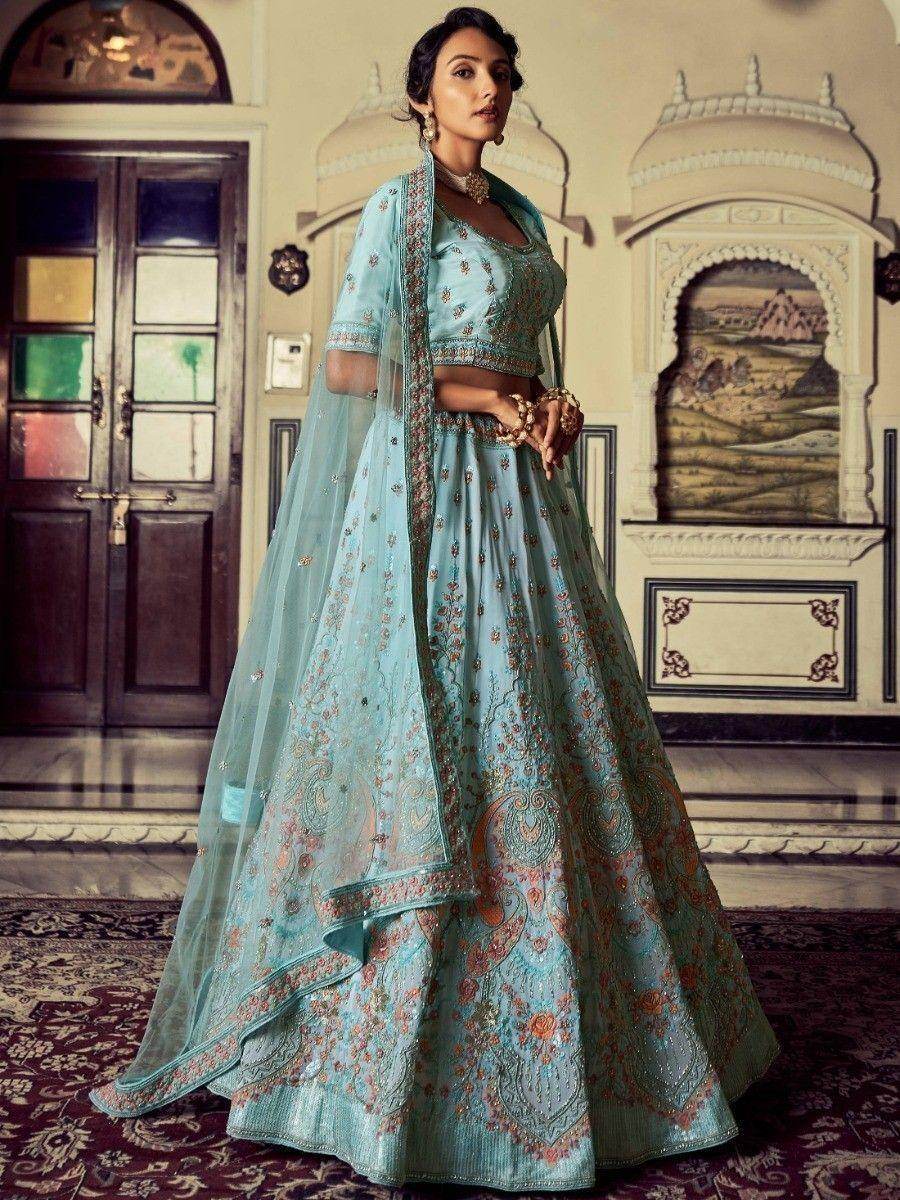 Alluring Turquoise Embroidered Georgette Wedding Lehenga Choli - Zeel Clothing