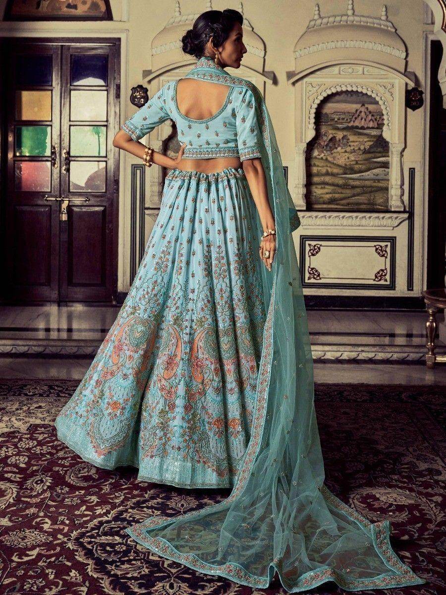 Alluring Turquoise Embroidered Georgette Wedding Lehenga Choli - Zeel Clothing