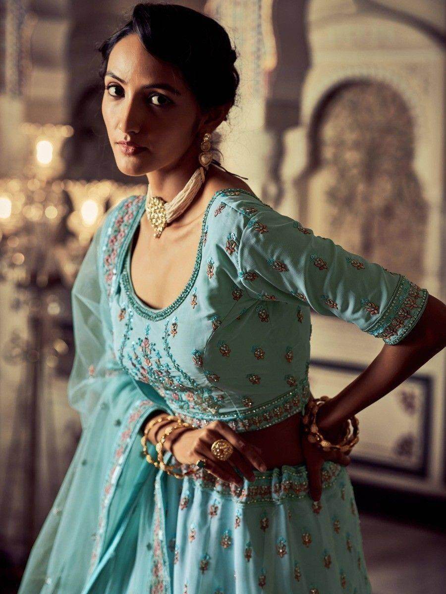 Alluring Turquoise Embroidered Georgette Wedding Lehenga Choli - Zeel Clothing