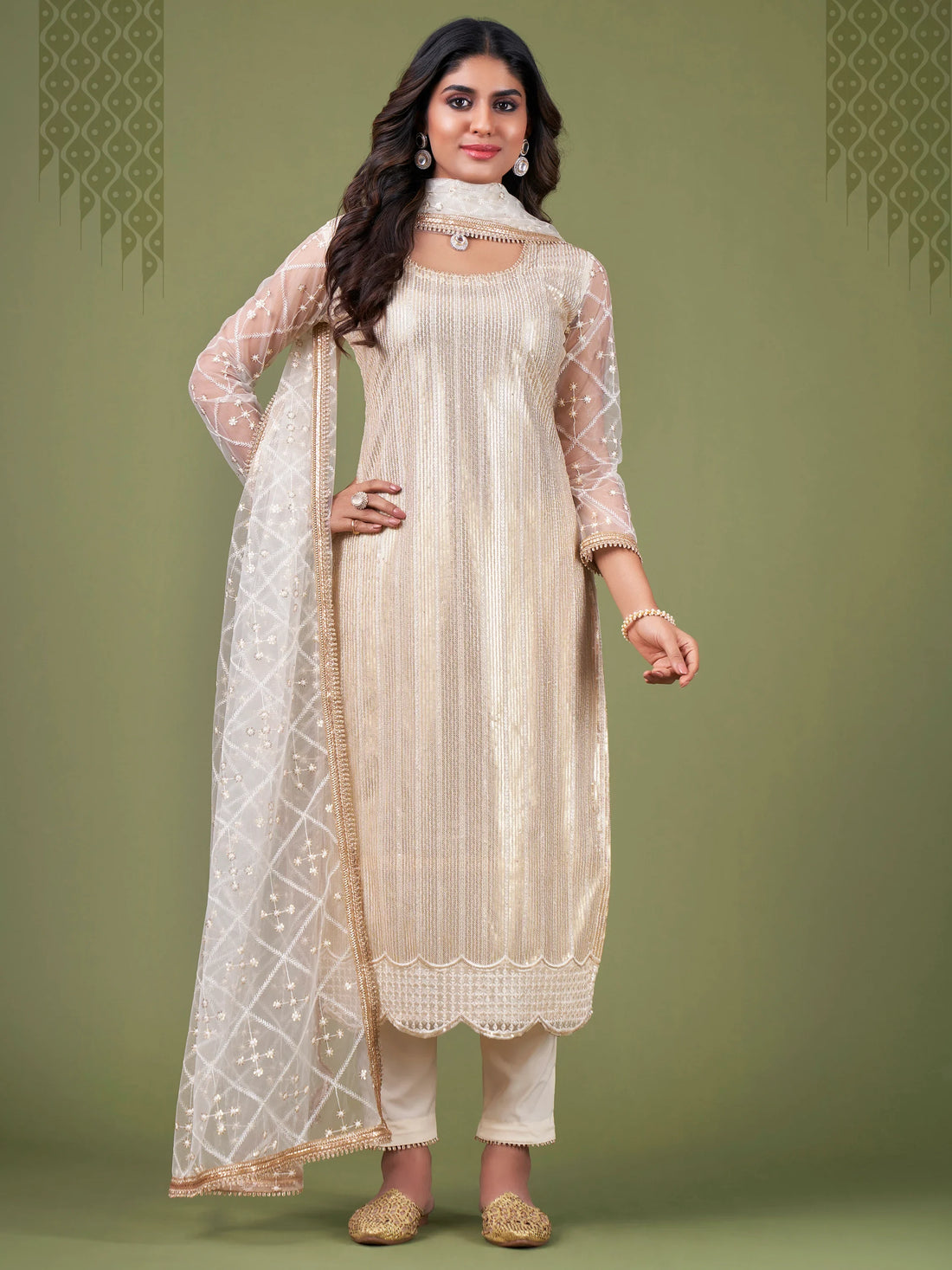 Alluring White And Cream Sequins Embroidered Net Salwar Suit - Zeel Clothing