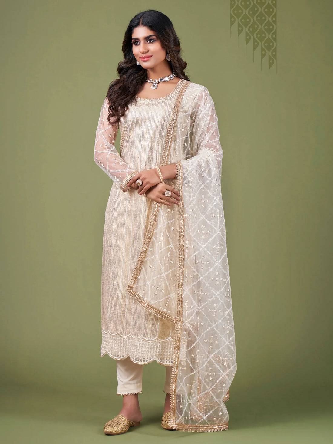 Alluring White And Cream Sequins Embroidered Net Salwar Suit - Zeel Clothing