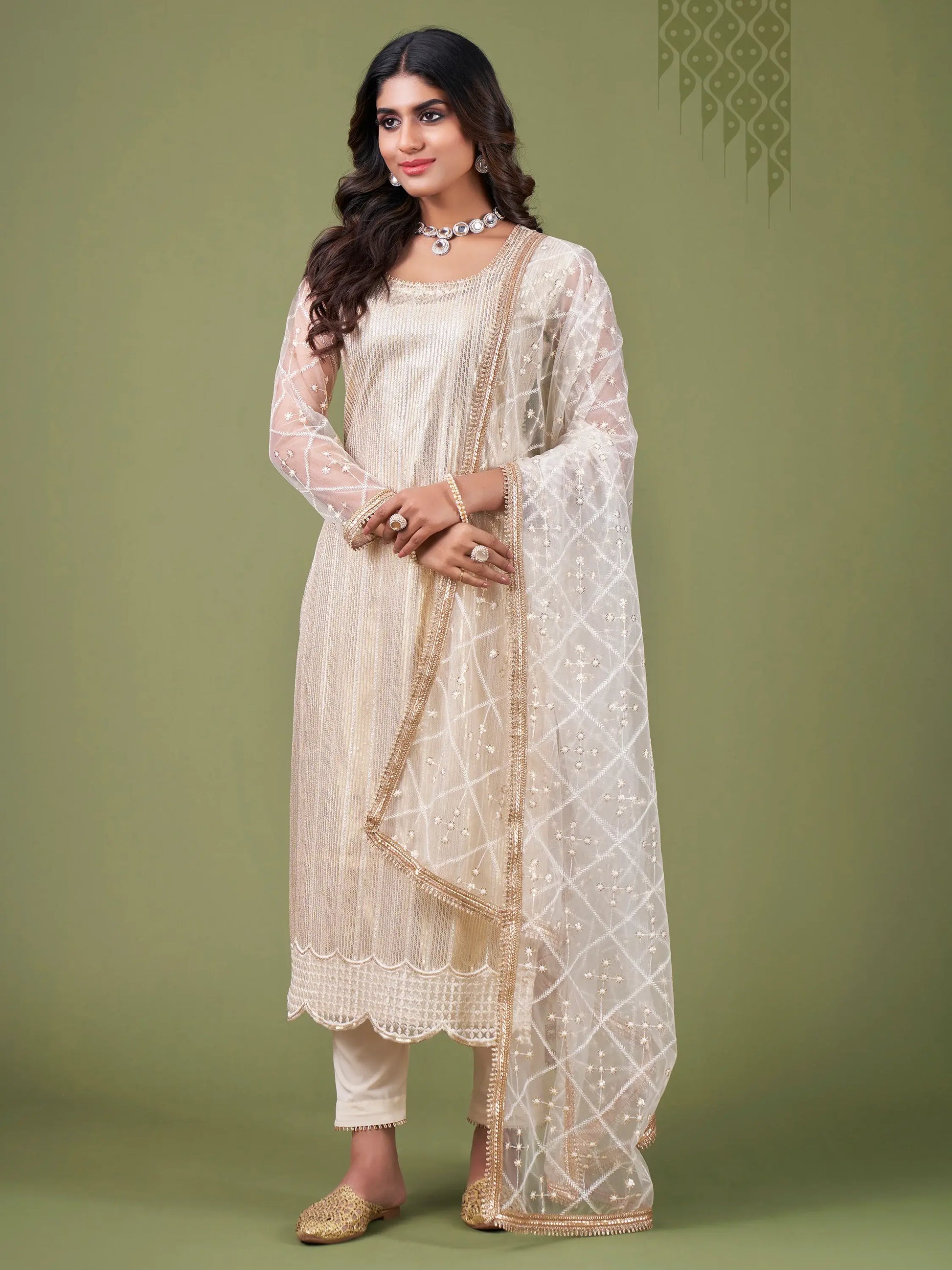 Alluring White And Cream Sequins Embroidered Net Salwar Suit - Zeel Clothing