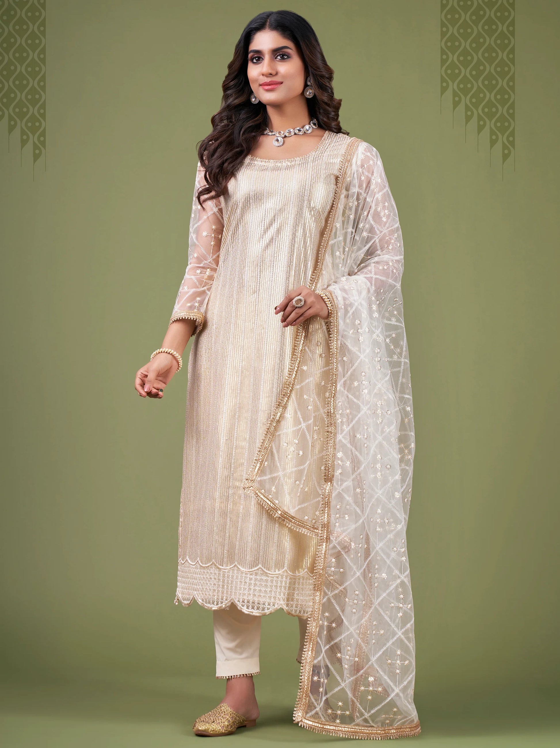 Alluring White And Cream Sequins Embroidered Net Salwar Suit - Zeel Clothing