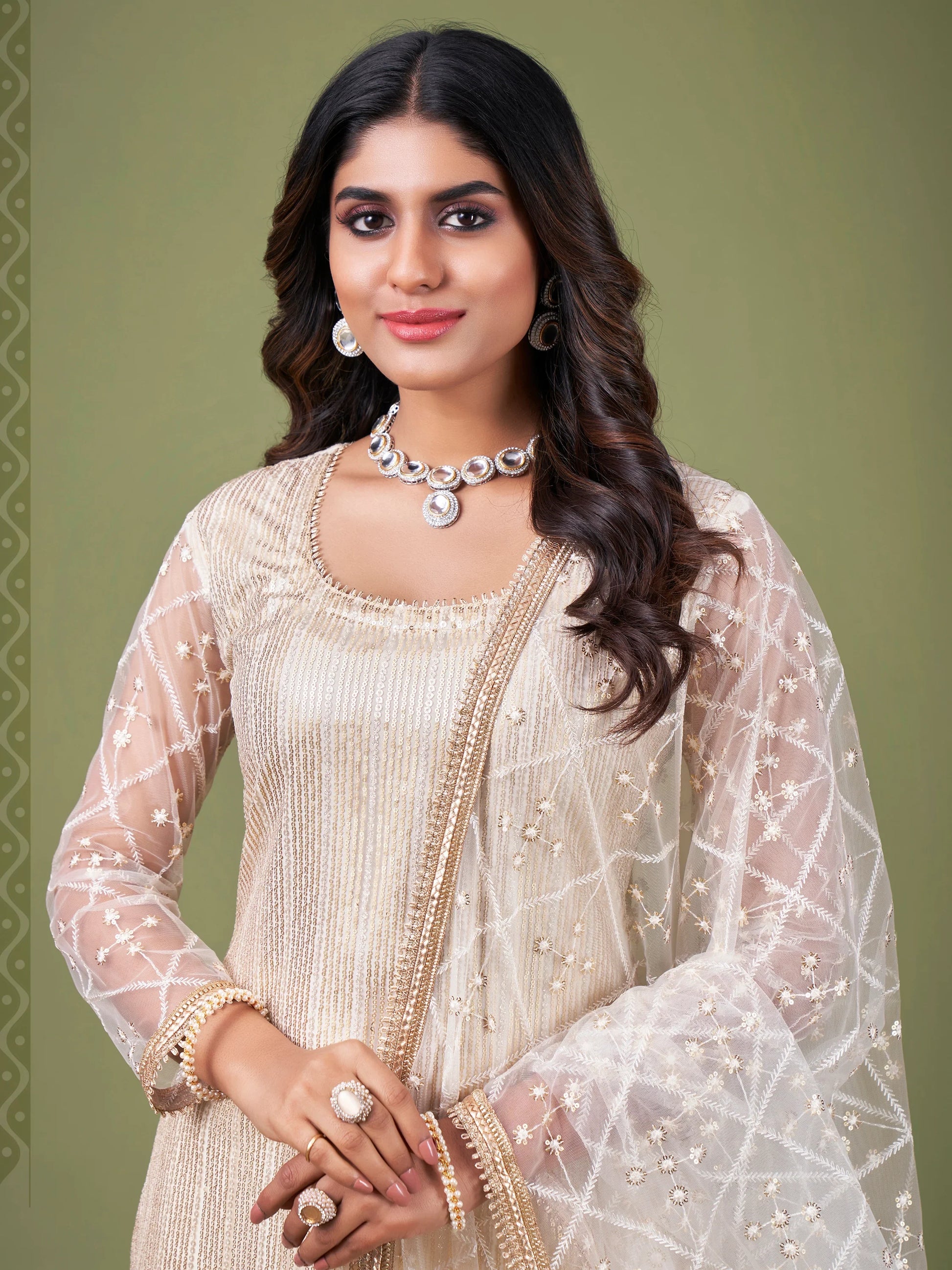 Alluring White And Cream Sequins Embroidered Net Salwar Suit - Zeel Clothing
