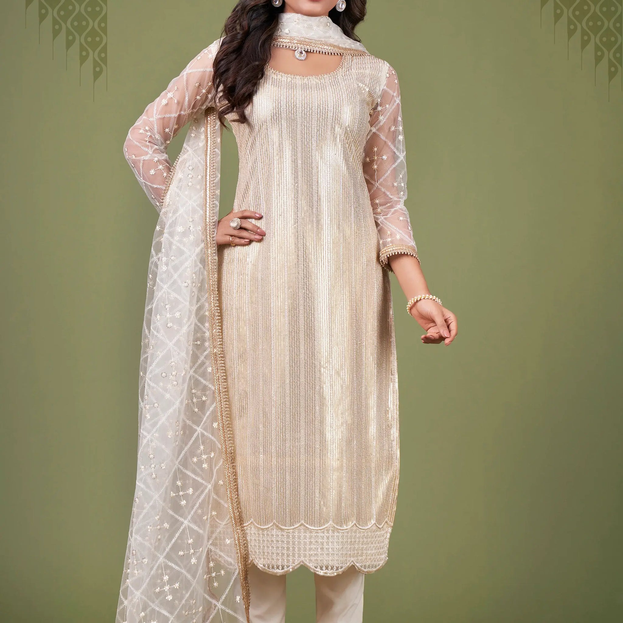 Alluring White And Cream Sequins Embroidered Net Salwar Suit - Zeel Clothing