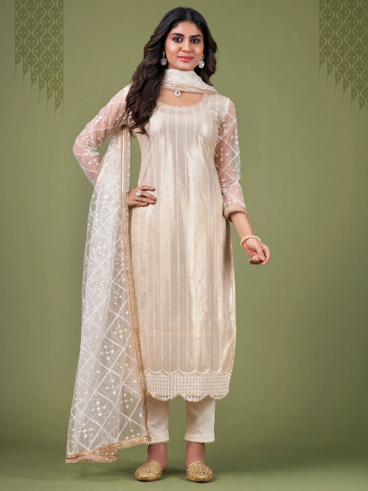 Alluring White And Cream Sequins Embroidered Net Salwar Suit - Zeel Clothing