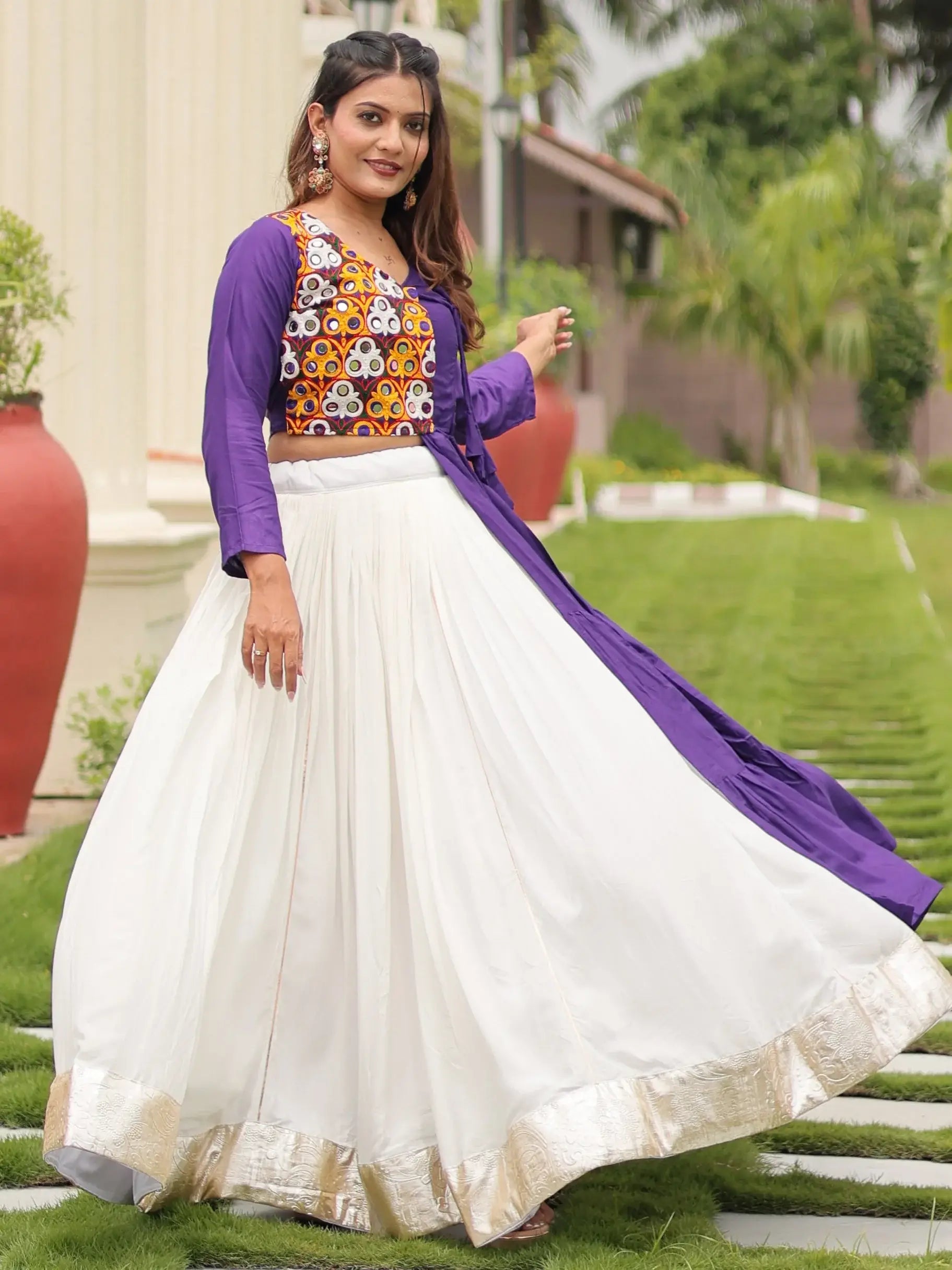 Alluring White Cotton Festive Wear Lehenga With Gamthi Work Jacket Style Top - Zeel Clothing