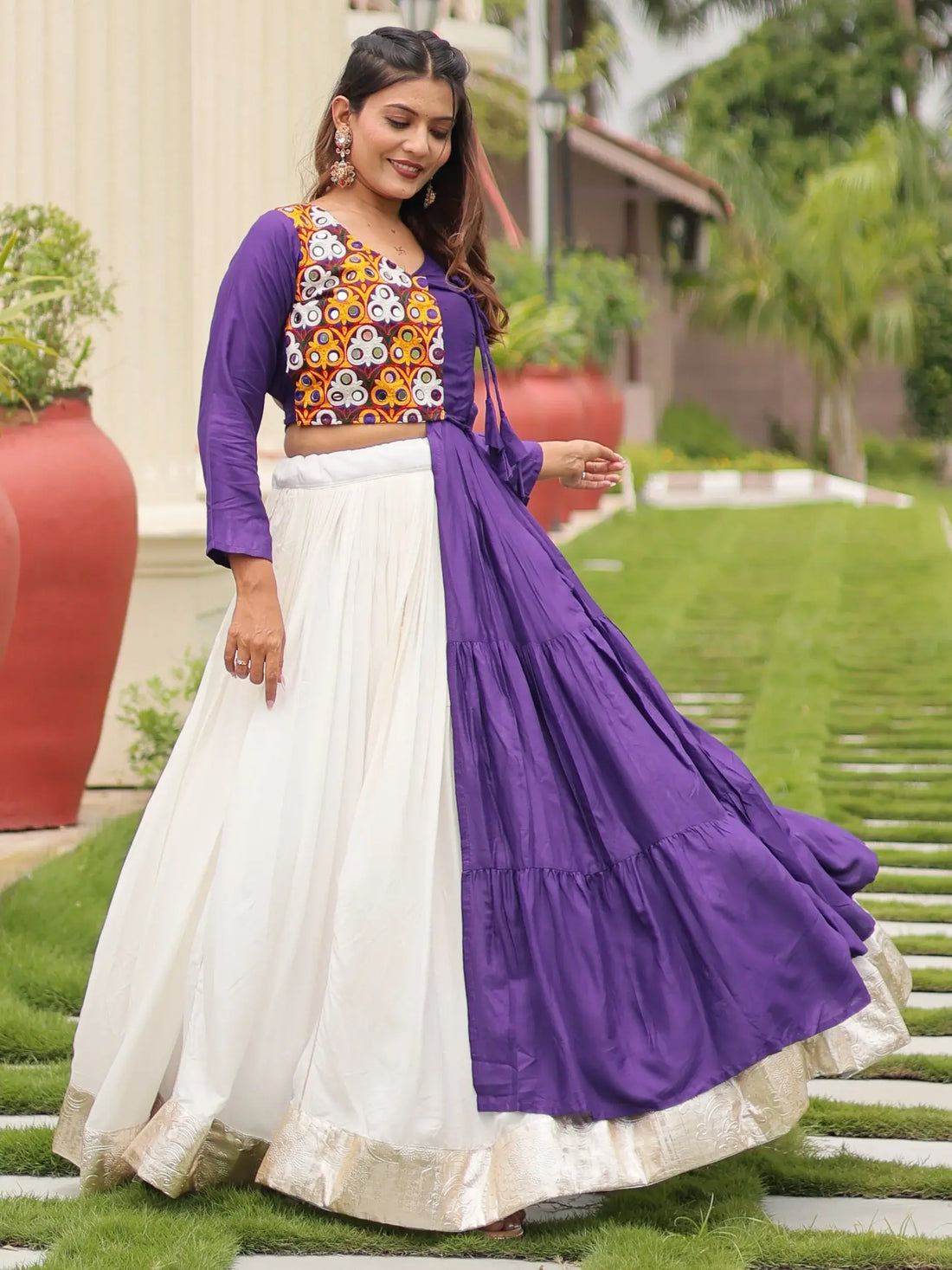 Alluring White Cotton Festive Wear Lehenga With Gamthi Work Jacket Style Top - Zeel Clothing