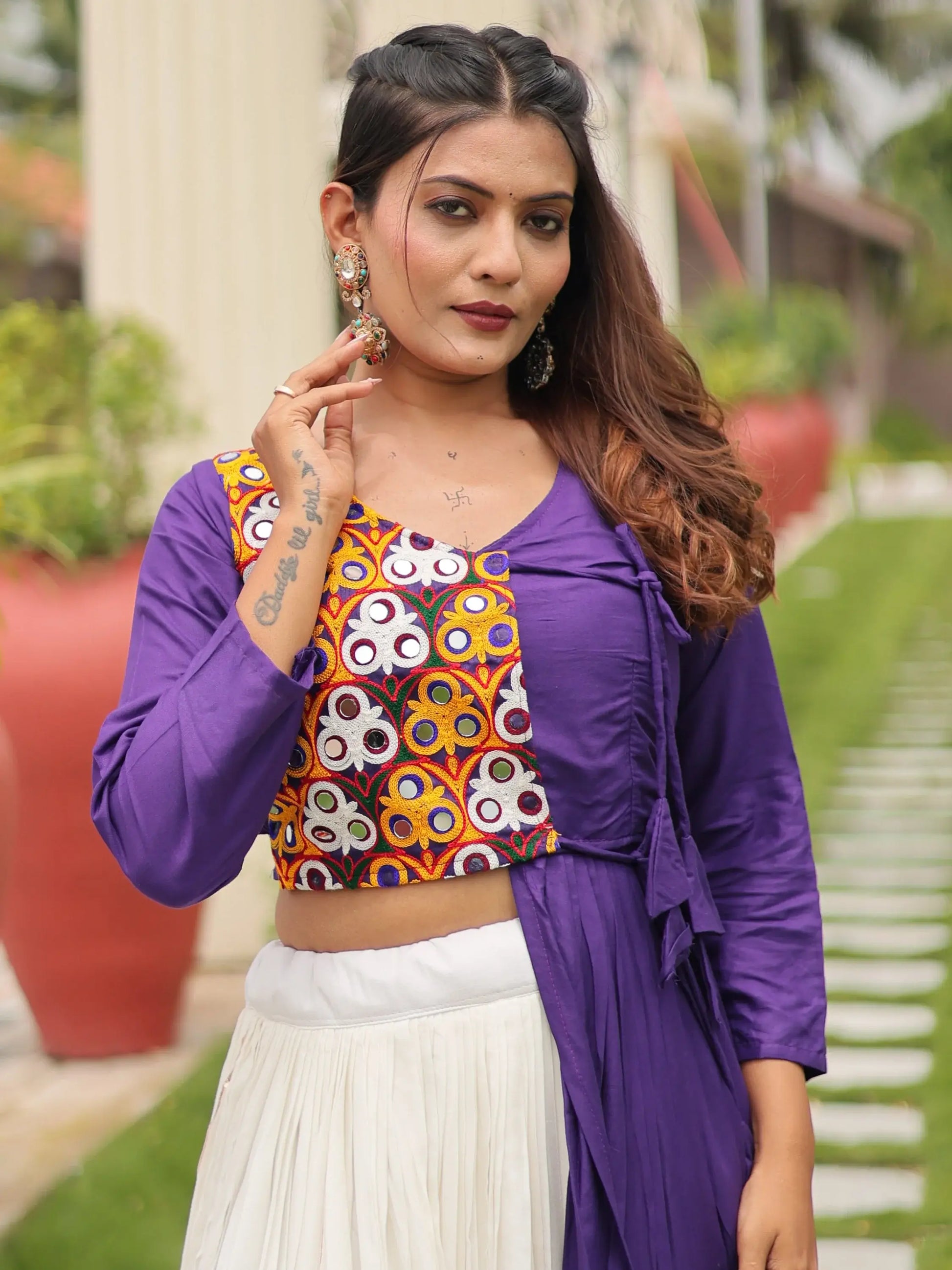 Alluring White Cotton Festive Wear Lehenga With Gamthi Work Jacket Style Top - Zeel Clothing
