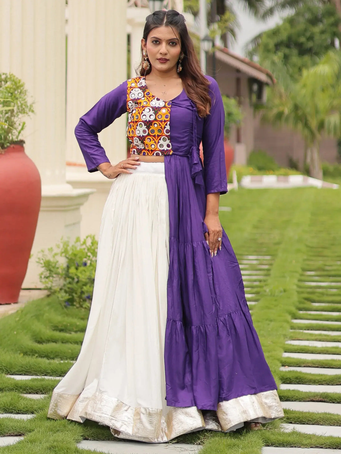 Alluring White Cotton Festive Wear Lehenga With Gamthi Work Jacket Style Top - Zeel Clothing
