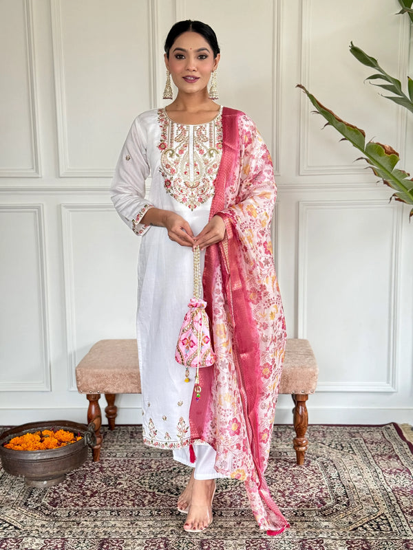 Alluring White Embroidered Chanderi Silk Pant Suit With Dupatta - Zeel Clothing