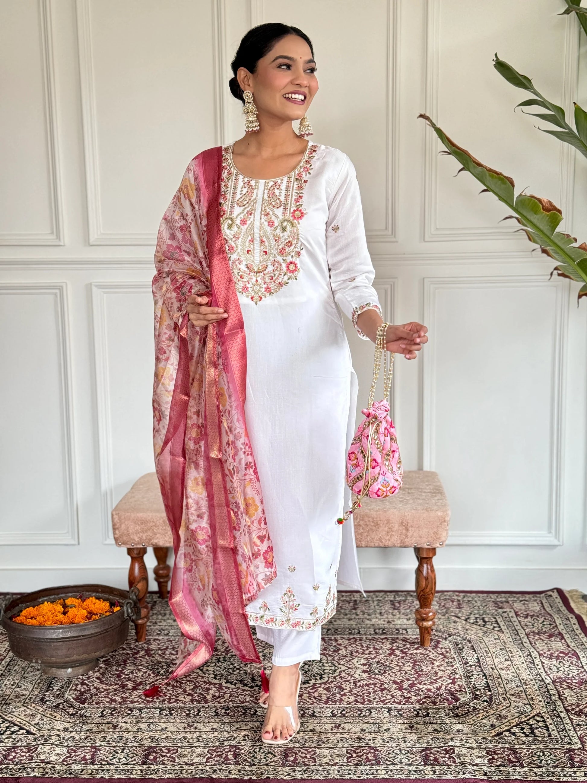 Alluring White Embroidered Chanderi Silk Pant Suit With Dupatta - Zeel Clothing