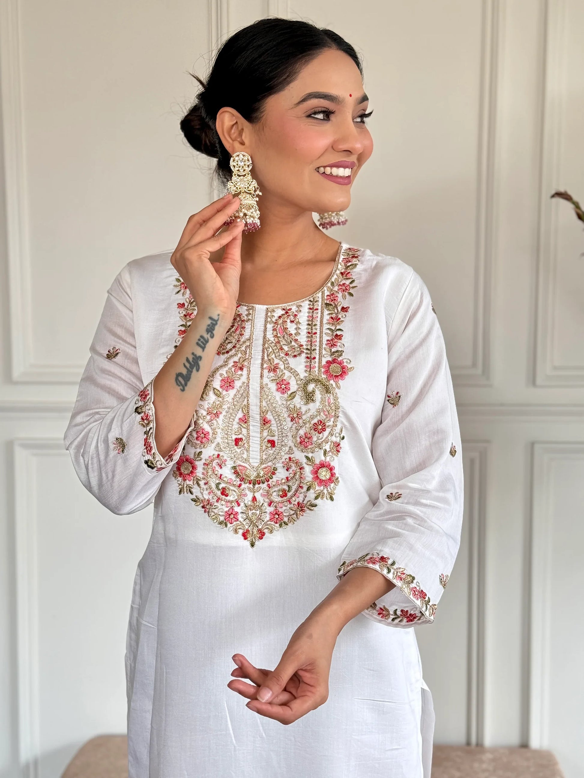 Alluring White Embroidered Chanderi Silk Pant Suit With Dupatta - Zeel Clothing
