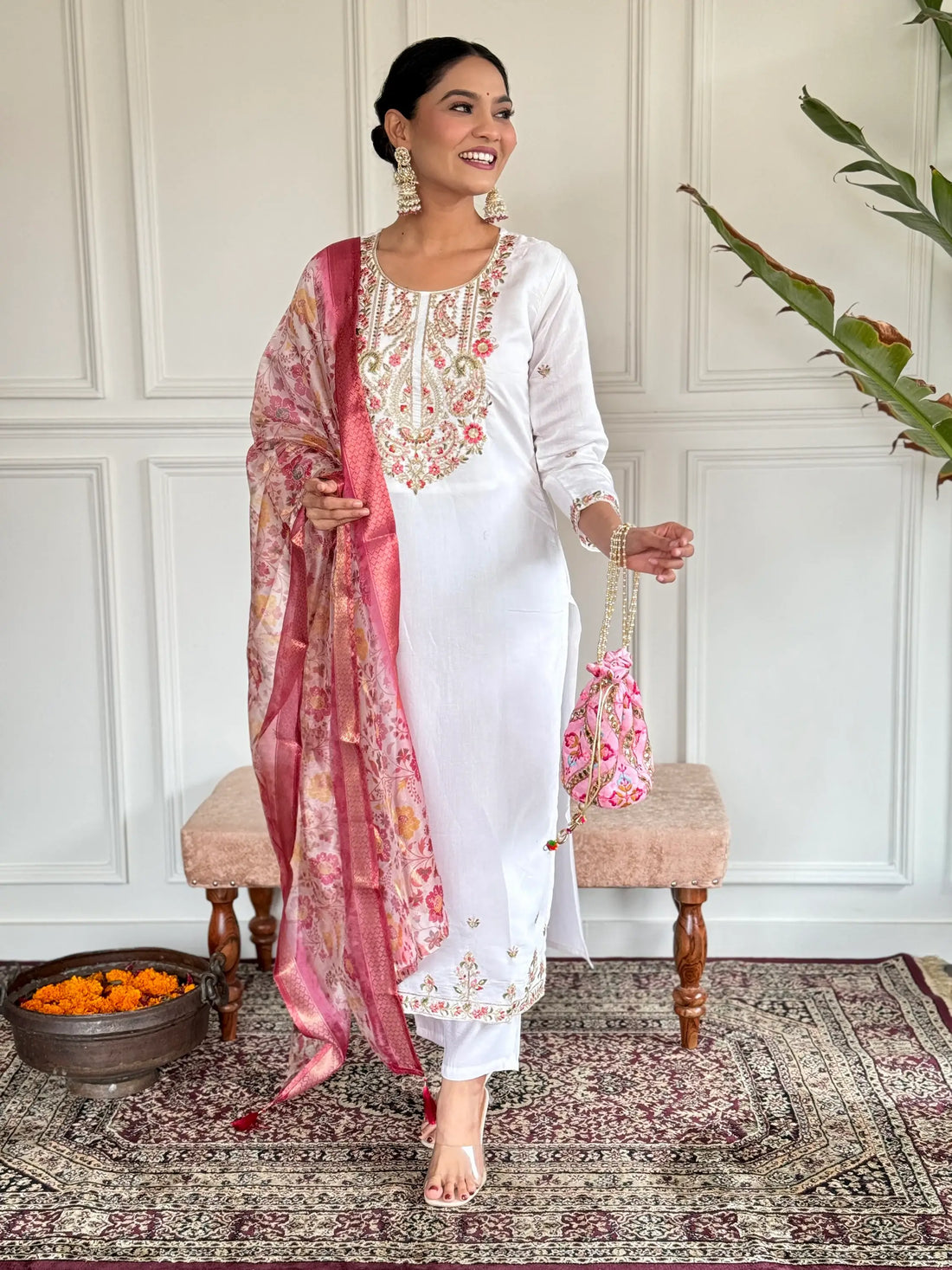 Alluring White Embroidered Chanderi Silk Pant Suit With Dupatta - Zeel Clothing