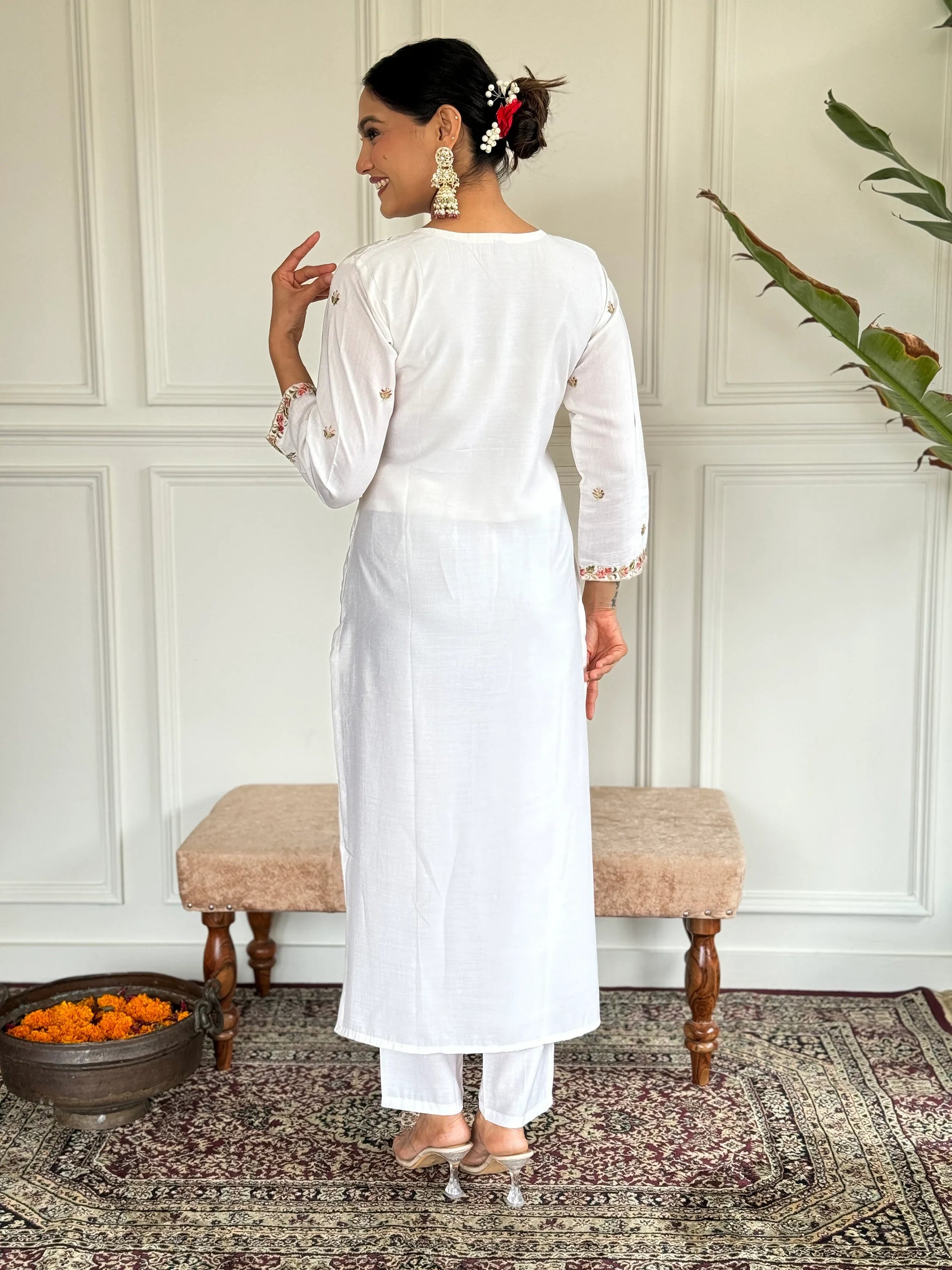 Alluring White Embroidered Chanderi Silk Pant Suit With Dupatta - Zeel Clothing