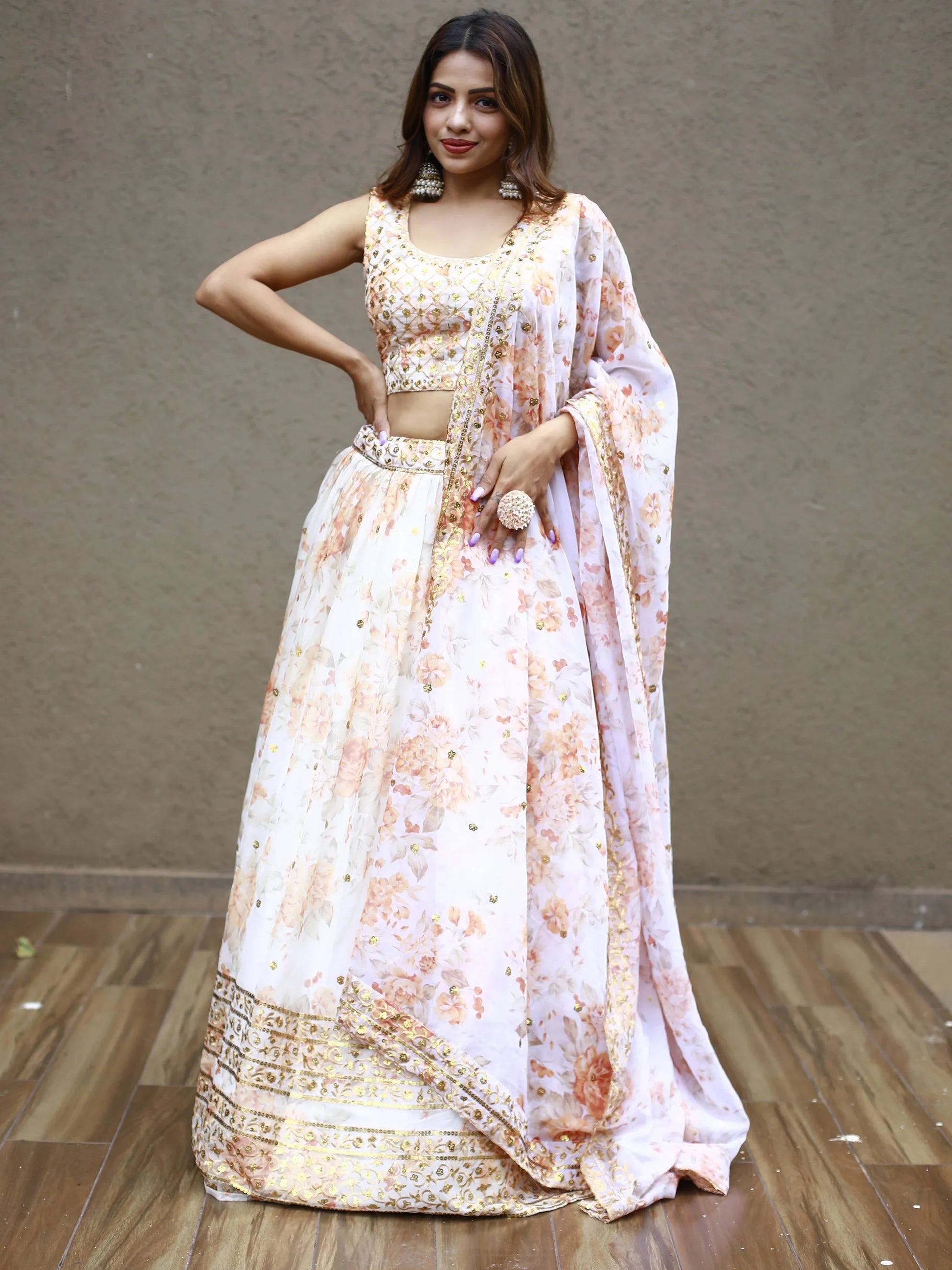 Alluring White Floral Printed Organza Lehenga Choli With Dupatta - Zeel Clothing