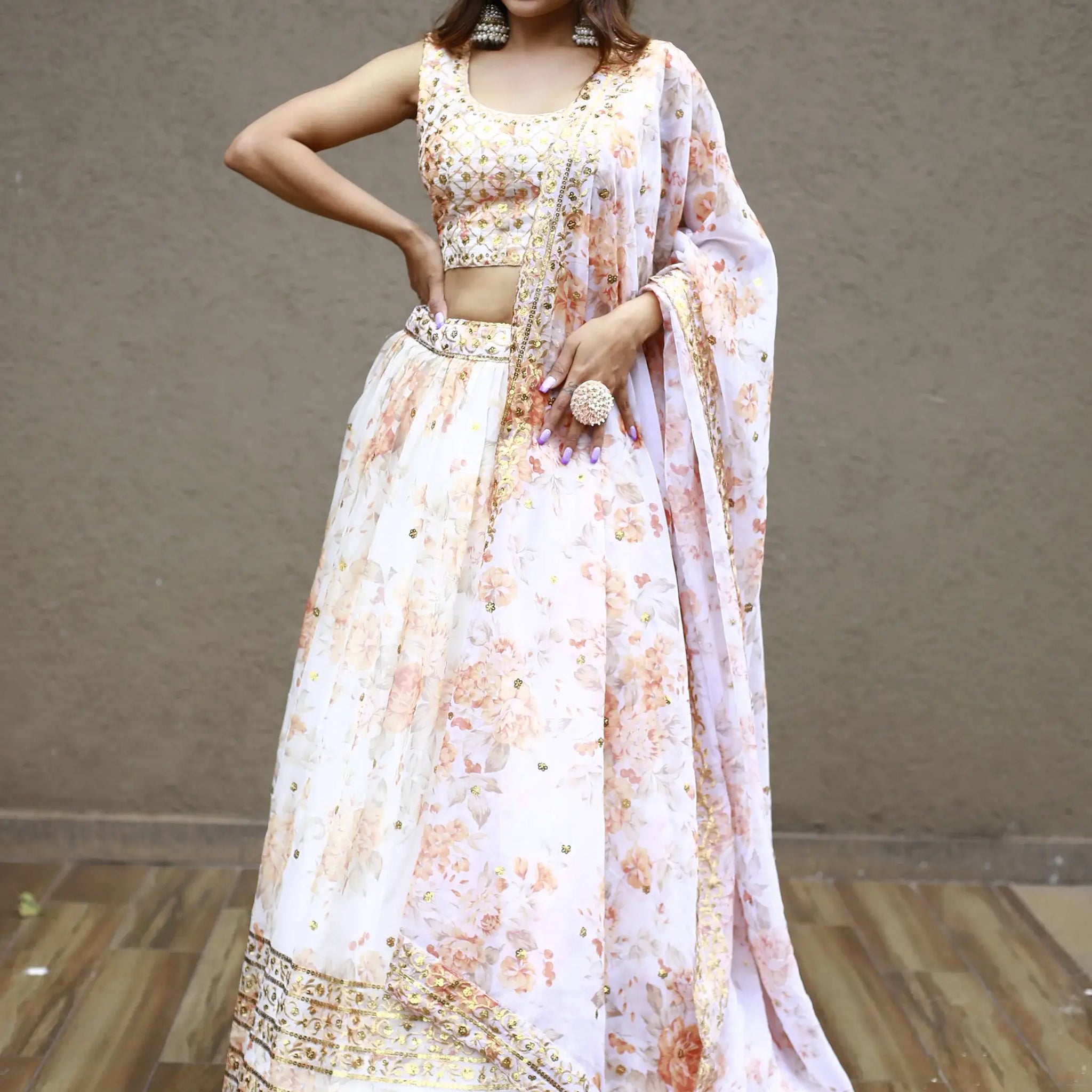 Alluring White Floral Printed Organza Lehenga Choli With Dupatta - Zeel Clothing