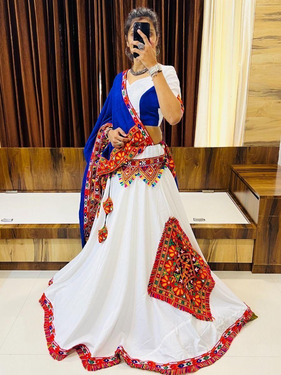 Alluring White Gamthi Work Cotton Navratri Lehenga Choli With Dupatta - Zeel Clothing