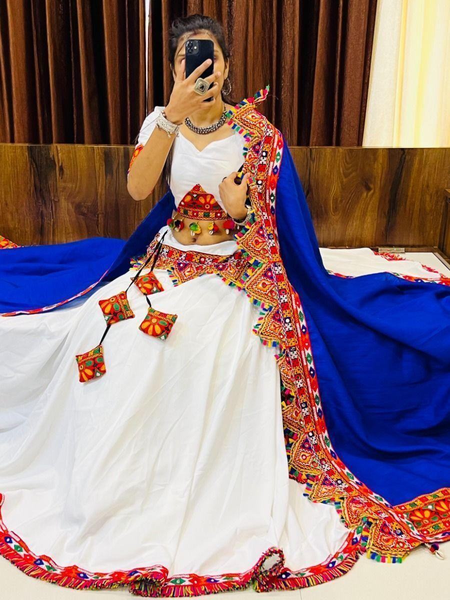 Alluring White Gamthi Work Cotton Navratri Lehenga Choli With Dupatta - Zeel Clothing