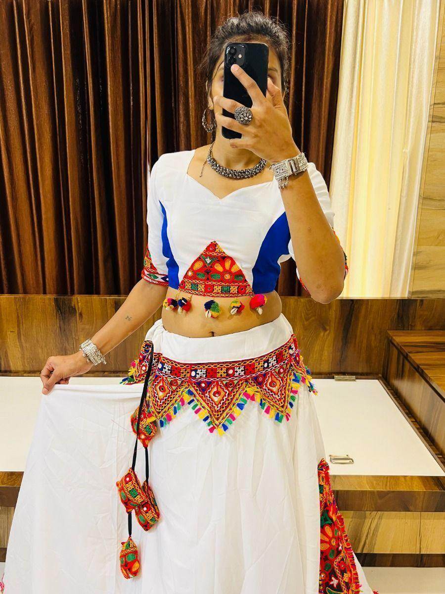 Alluring White Gamthi Work Cotton Navratri Lehenga Choli With Dupatta - Zeel Clothing