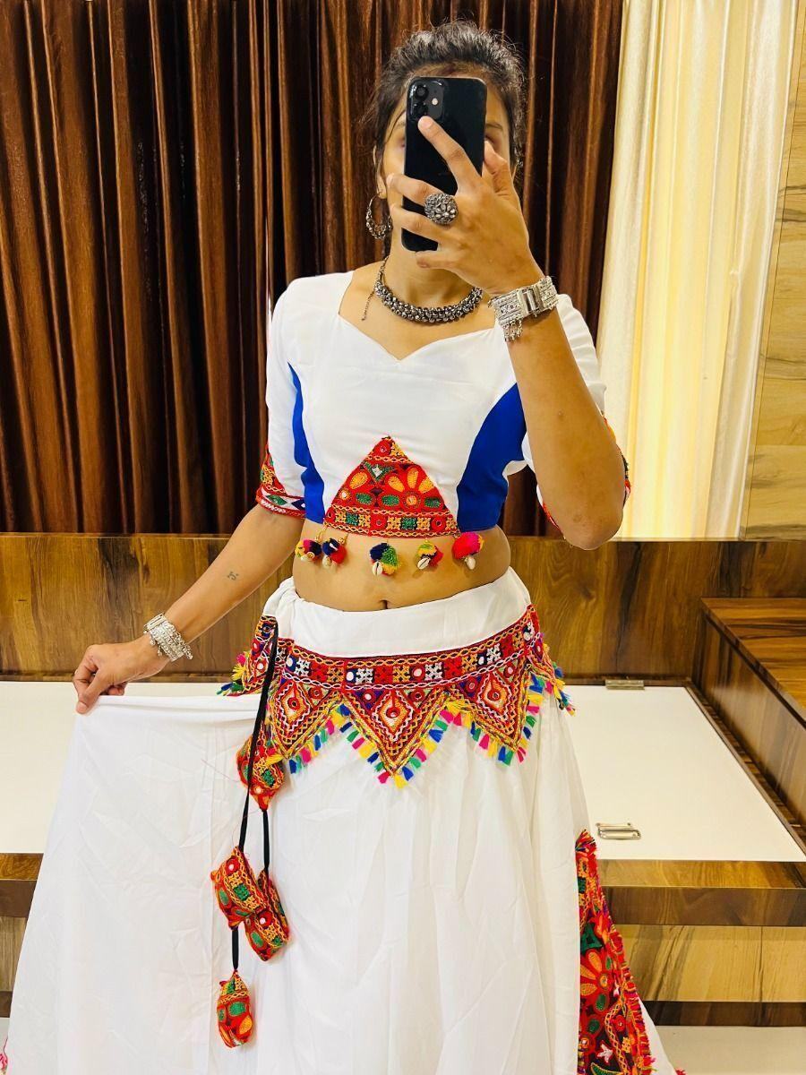 Alluring White Gamthi Work Cotton Navratri Lehenga Choli With Dupatta - Zeel Clothing