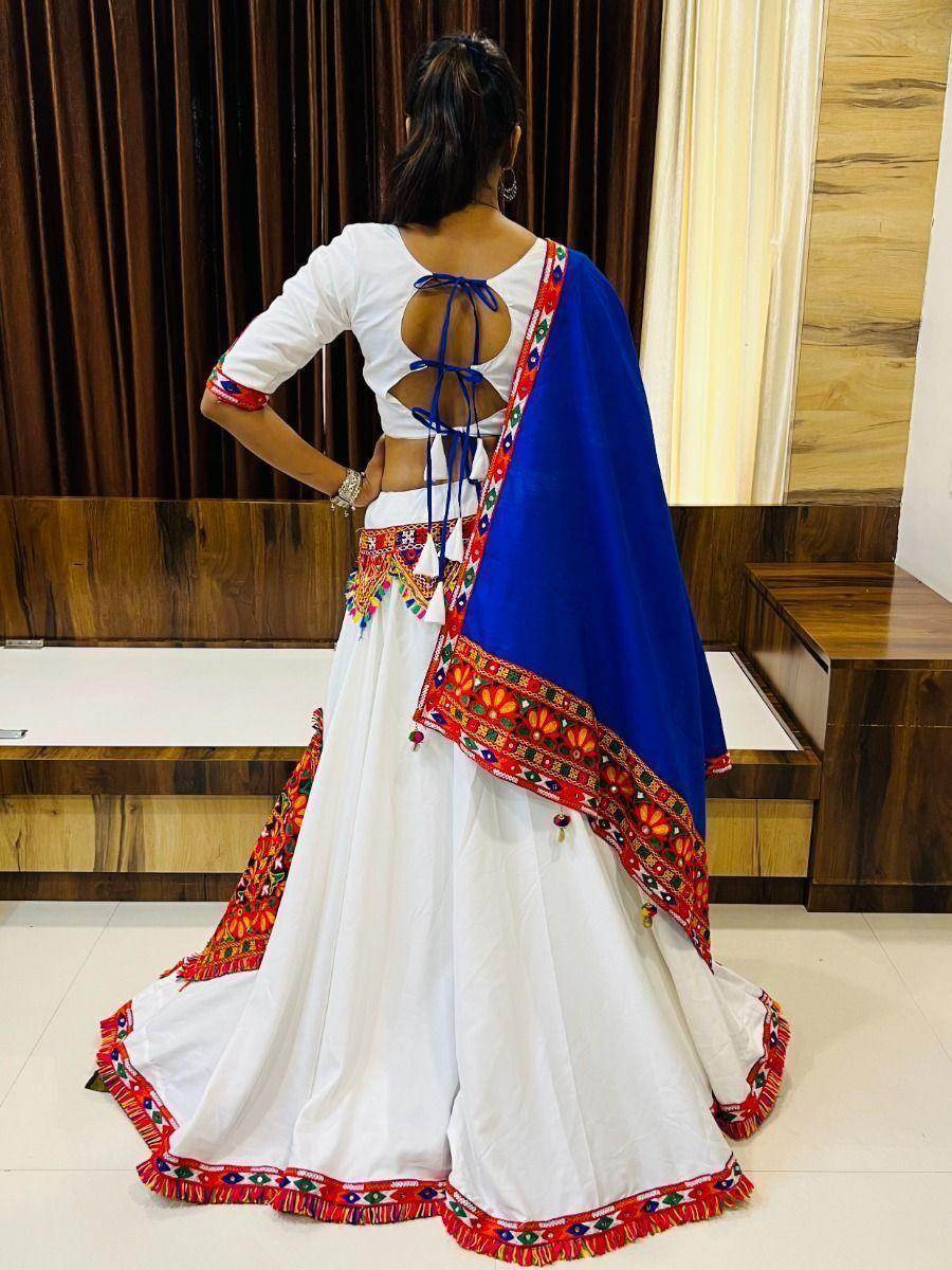 Alluring White Gamthi Work Cotton Navratri Lehenga Choli With Dupatta - Zeel Clothing