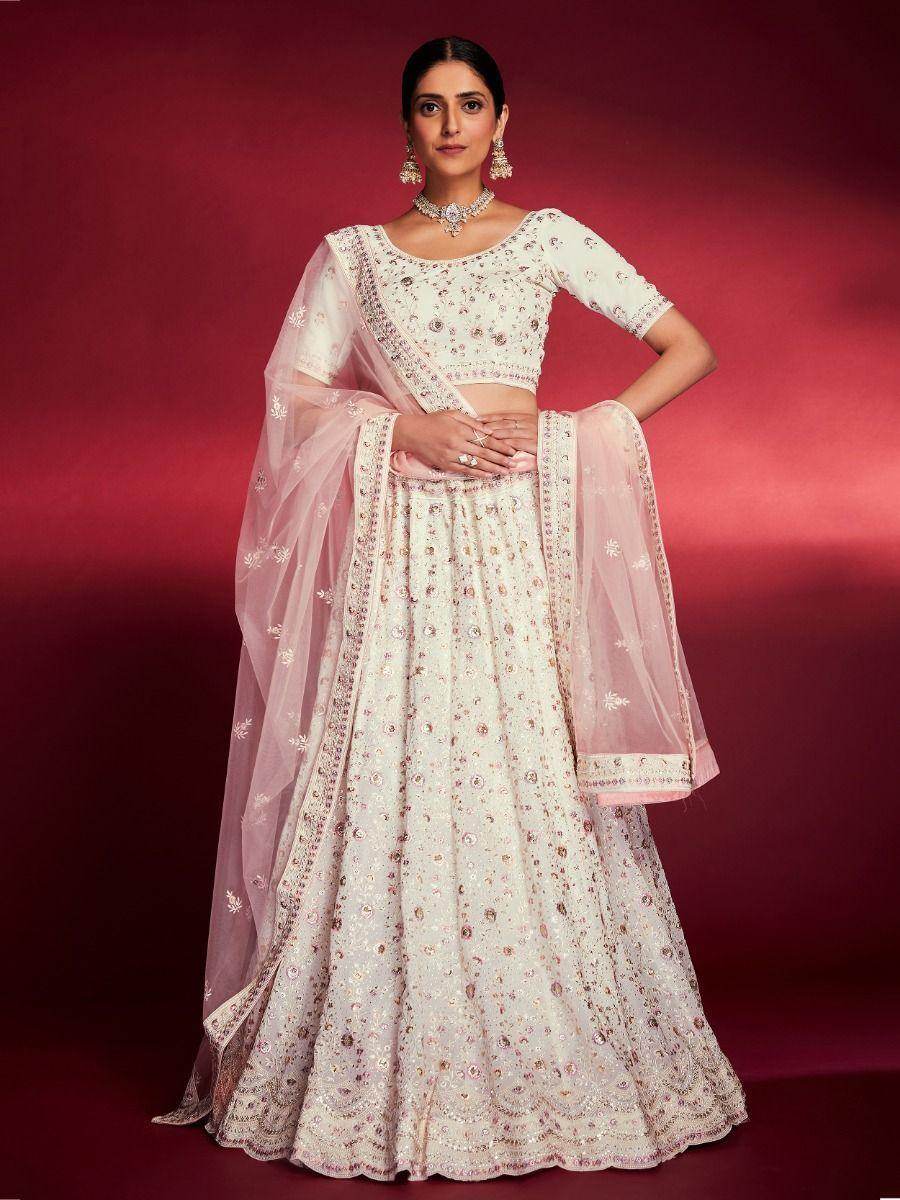 Alluring White Georgette Zari Work Reception Wear Lehenga Choli - Zeel Clothing