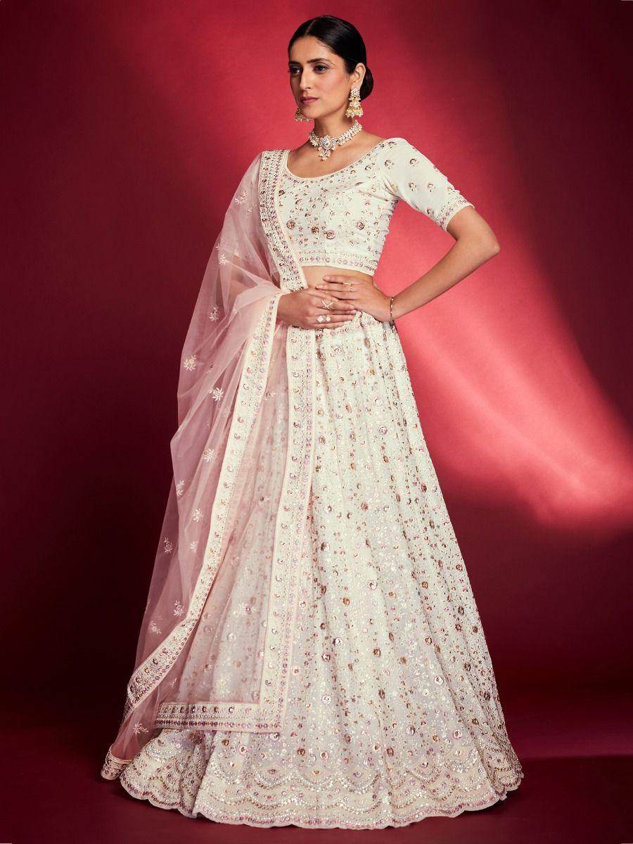 Alluring White Georgette Zari Work Reception Wear Lehenga Choli - Zeel Clothing