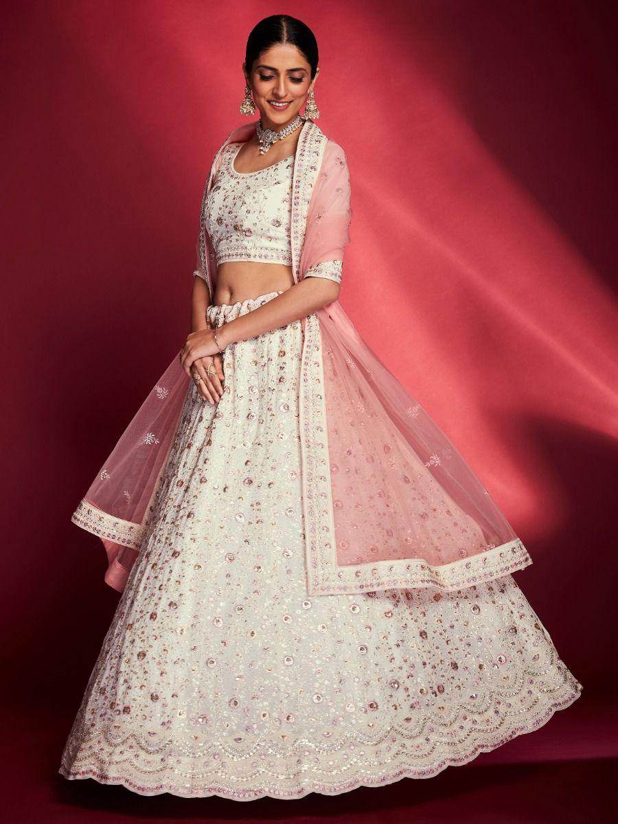 Alluring White Georgette Zari Work Reception Wear Lehenga Choli - Zeel Clothing