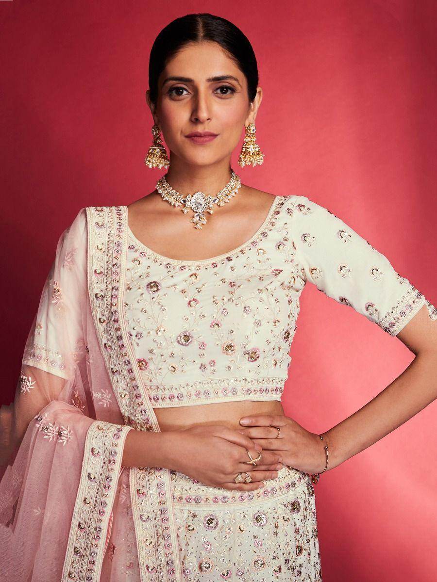 Alluring White Georgette Zari Work Reception Wear Lehenga Choli - Zeel Clothing