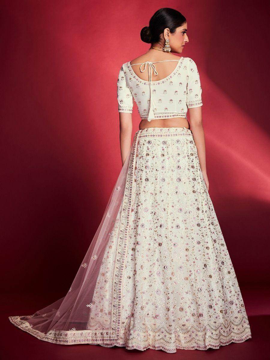 Alluring White Georgette Zari Work Reception Wear Lehenga Choli - Zeel Clothing