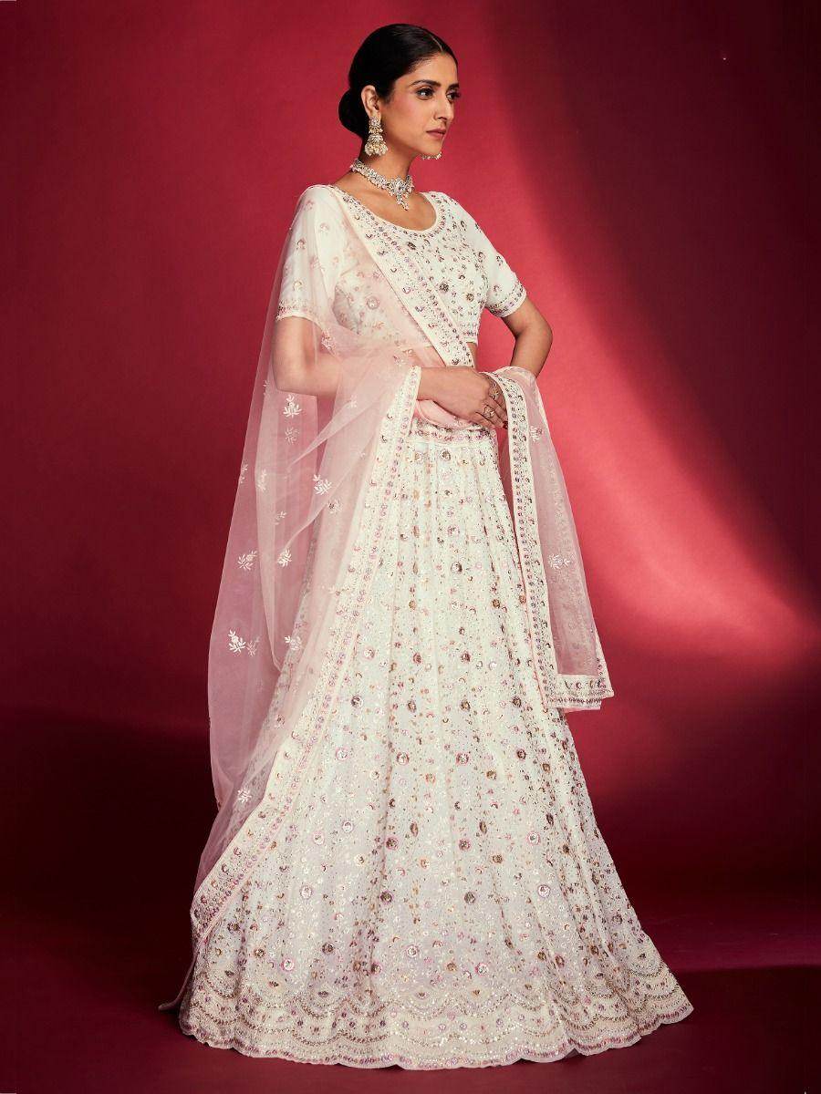 Alluring White Georgette Zari Work Reception Wear Lehenga Choli - Zeel Clothing