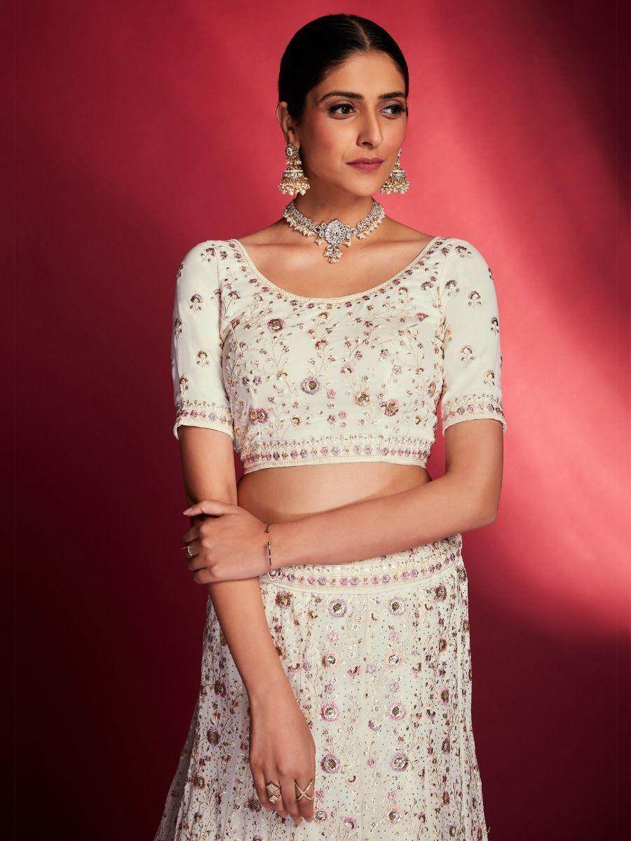Alluring White Georgette Zari Work Reception Wear Lehenga Choli - Zeel Clothing