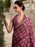 Alluring Wine Digital Printed Silk Casual Wear Saree With Blouse - Zeel Clothing