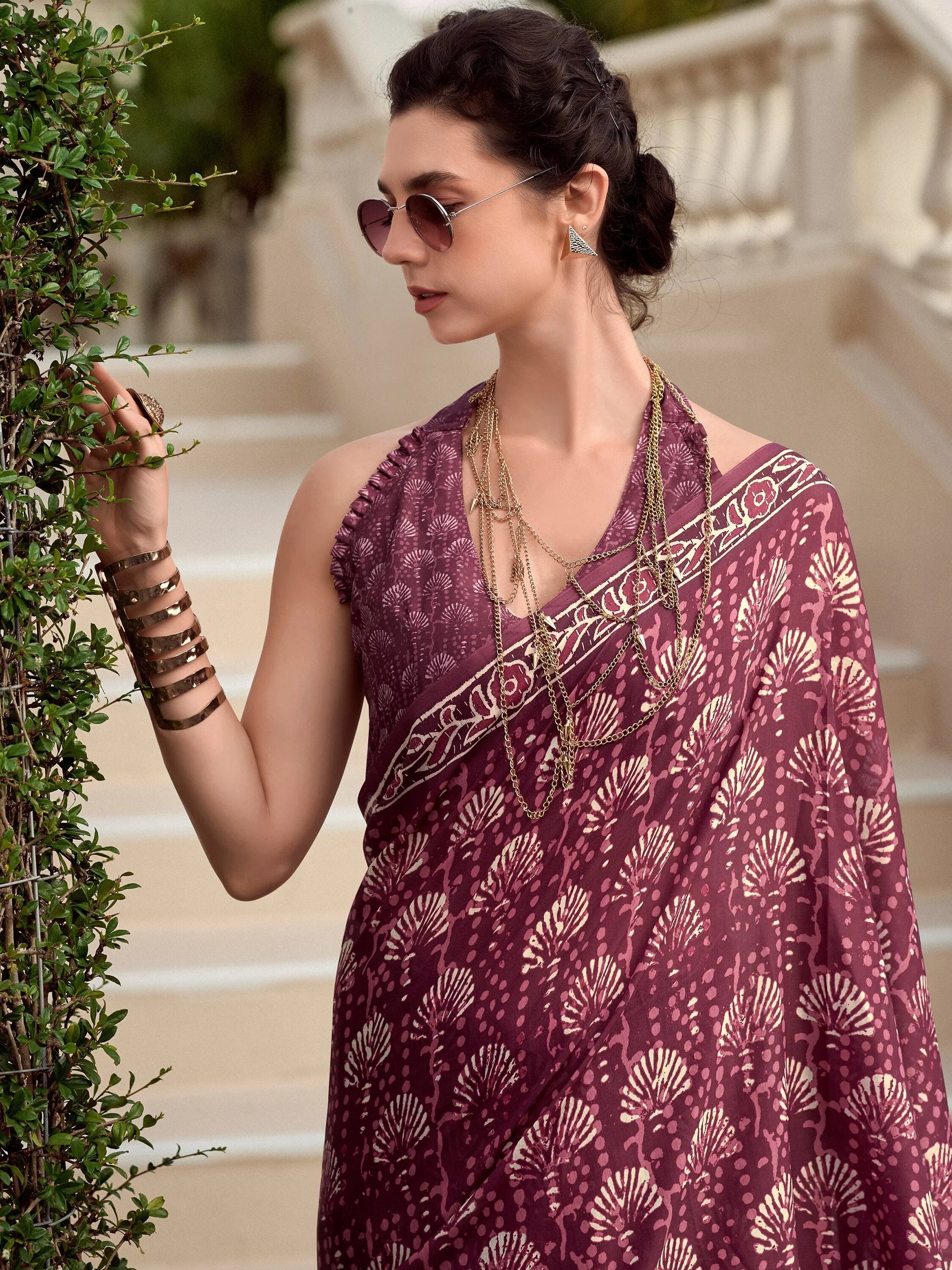 Alluring Wine Digital Printed Silk Casual Wear Saree With Blouse - Zeel Clothing