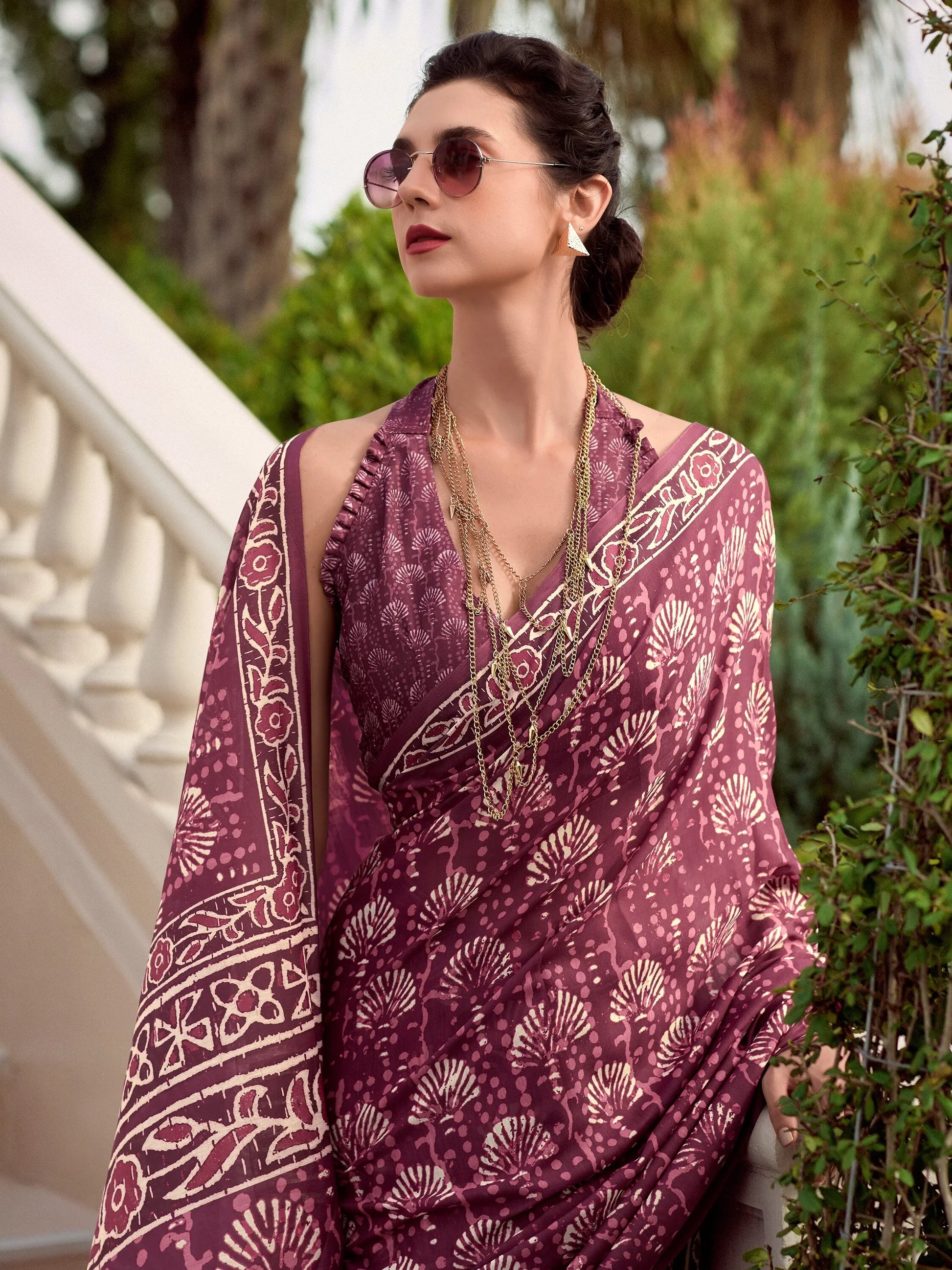 Alluring Wine Digital Printed Silk Casual Wear Saree With Blouse - Zeel Clothing