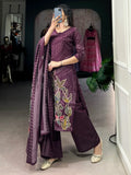 Alluring Wine Floral Printed Silk Office Wear Palazzo Suit With Dupatta - Zeel Clothing