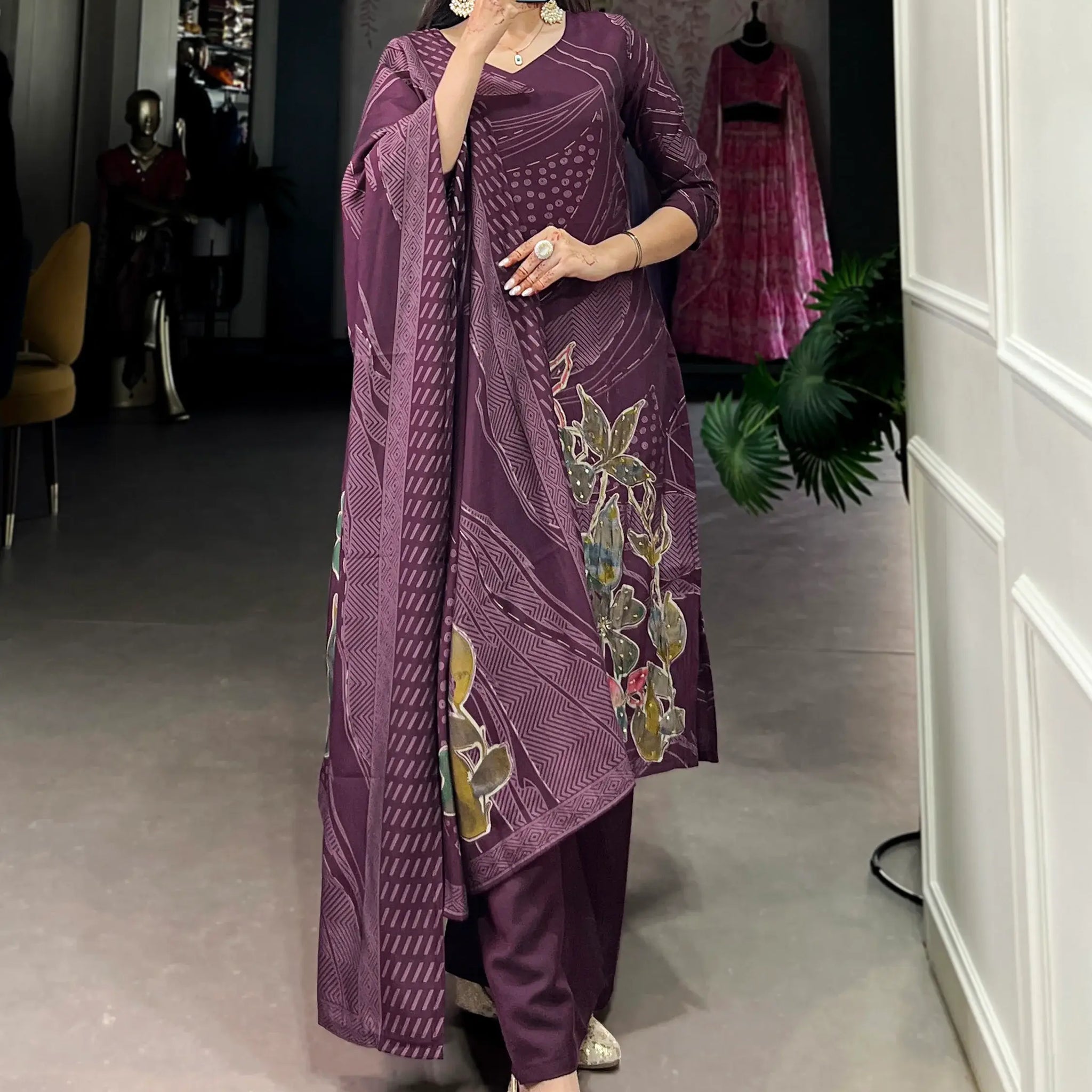 Alluring Wine Floral Printed Silk Office Wear Palazzo Suit With Dupatta - Zeel Clothing