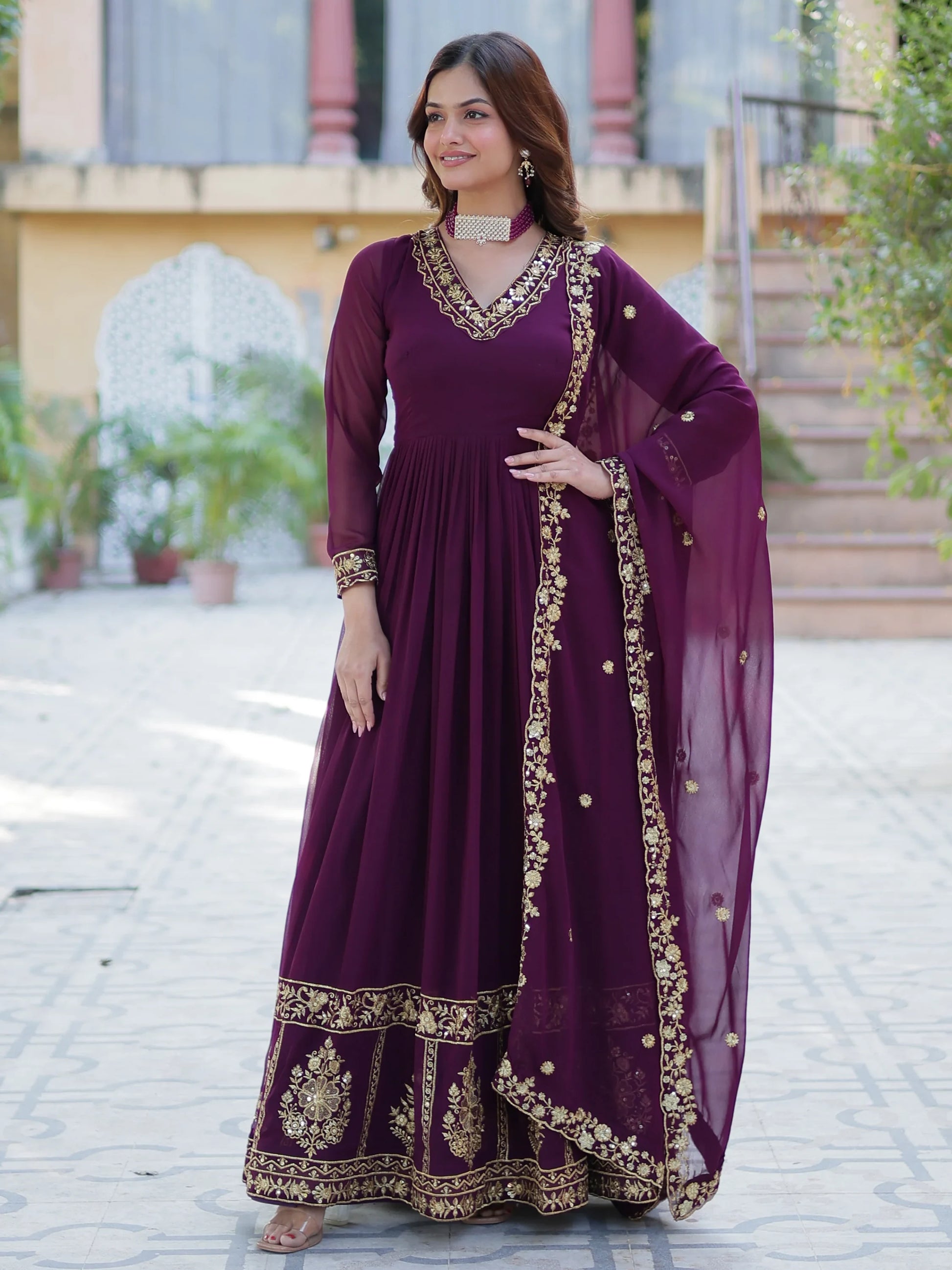 Alluring Wine Floral Thread Work Georgette Engagement Wear Gown With Dupatta - Zeel Clothing