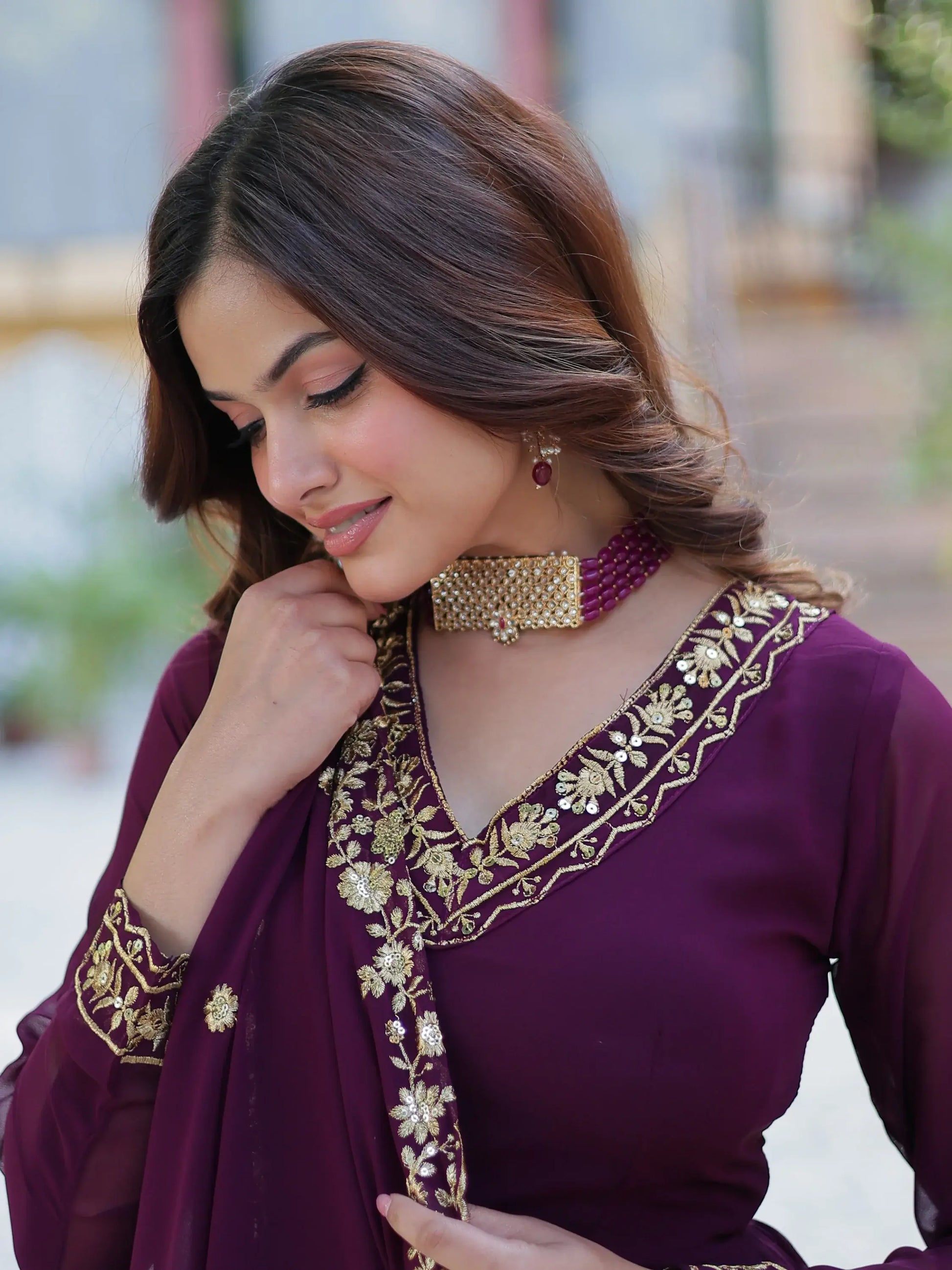 Alluring Wine Floral Thread Work Georgette Engagement Wear Gown With Dupatta - Zeel Clothing