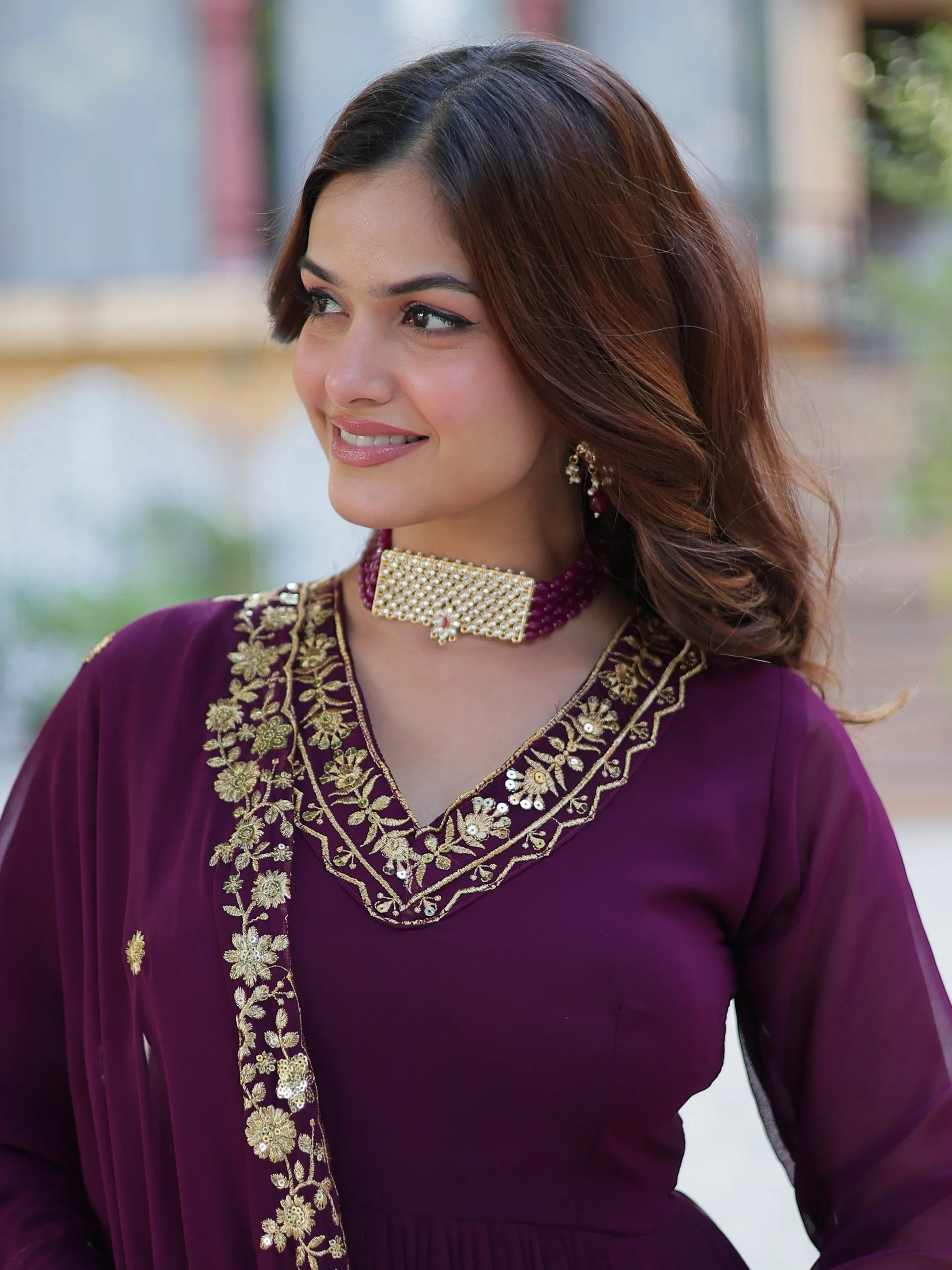 Alluring Wine Floral Thread Work Georgette Engagement Wear Gown With Dupatta - Zeel Clothing