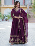 Alluring Wine Floral Thread Work Georgette Engagement Wear Gown With Dupatta - Zeel Clothing