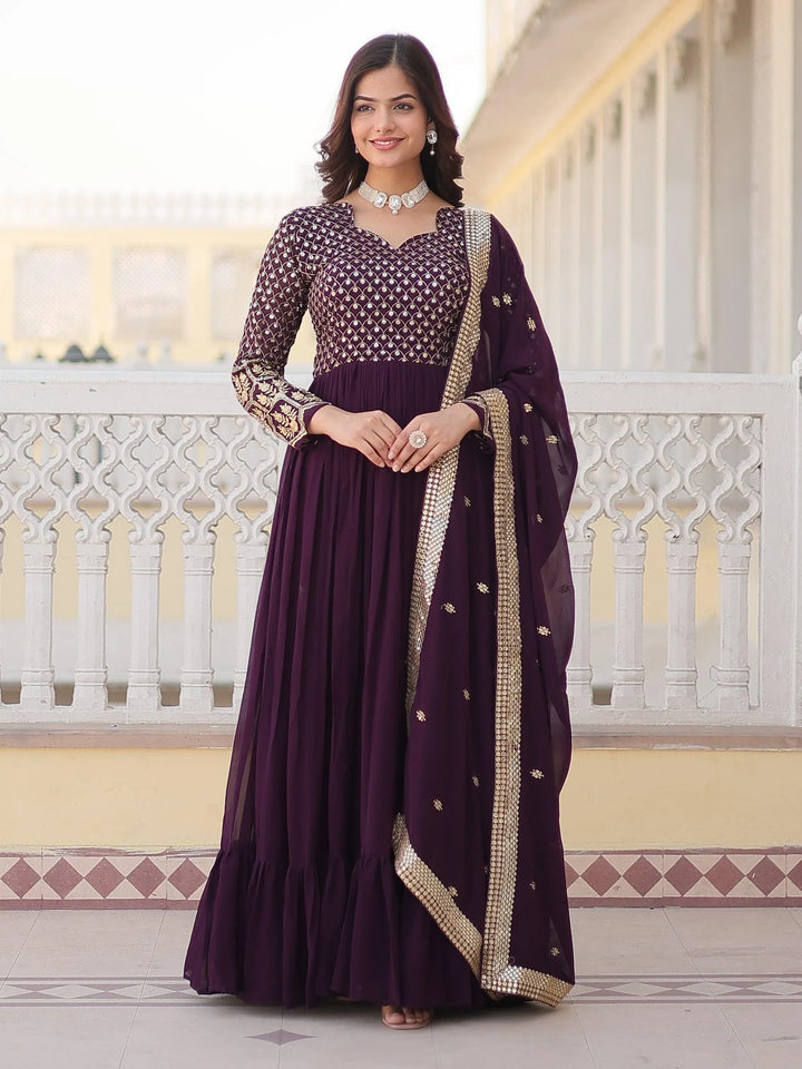 Alluring Wine Sequins Georgette Designer Gown With Dupatta